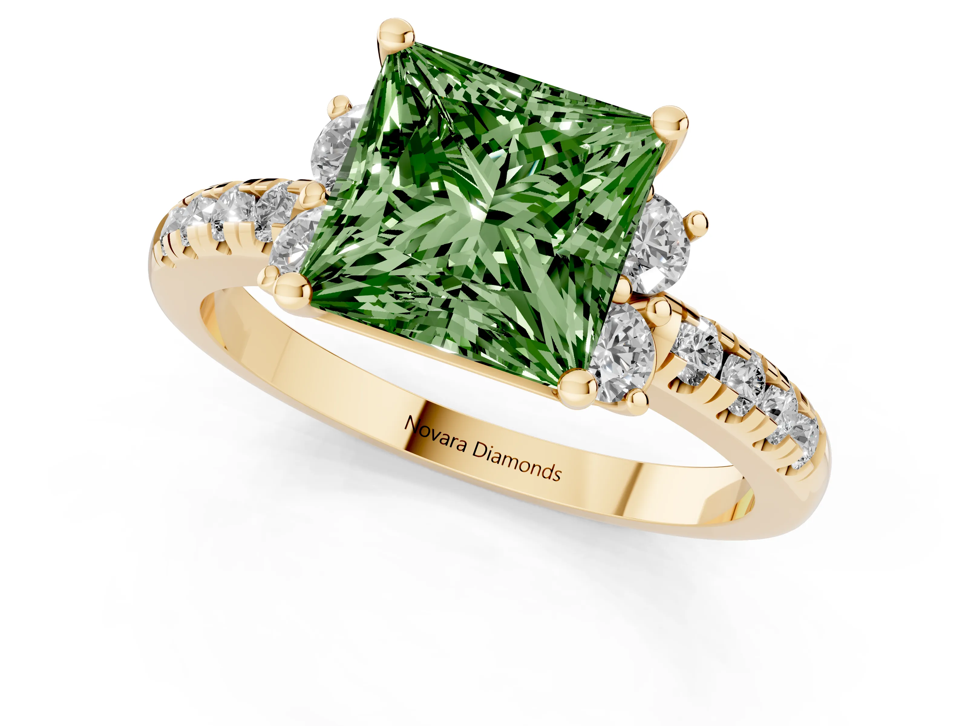 Fancy Green Princess Cut Diamond Three-Stone Pavé Ring Set in Yellow gold with Prong Setting