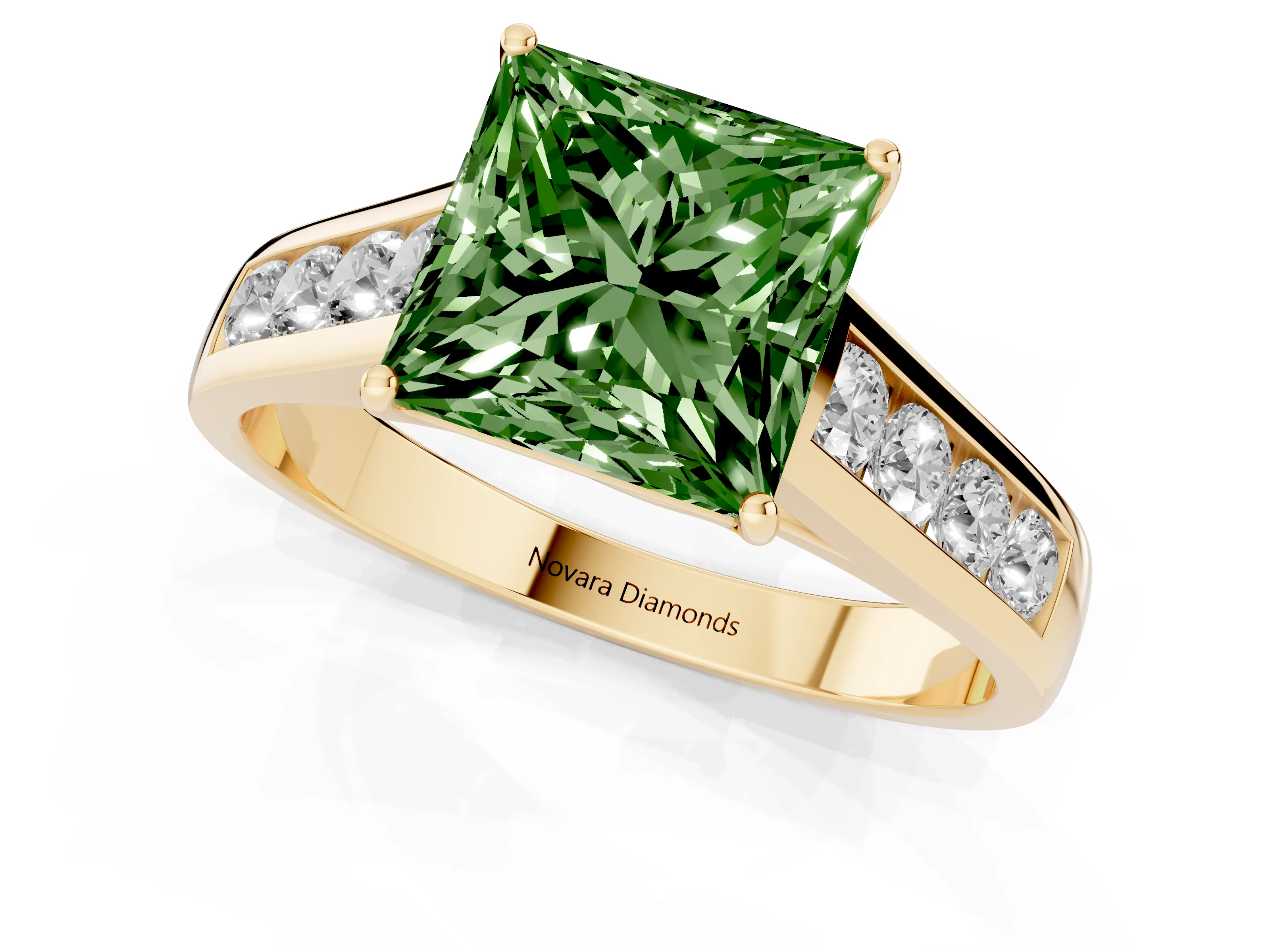 Fancy Green Princess Cut Diamond Solitaire Channel-Set Engagement Ring Set in Yellow gold with Prong Setting