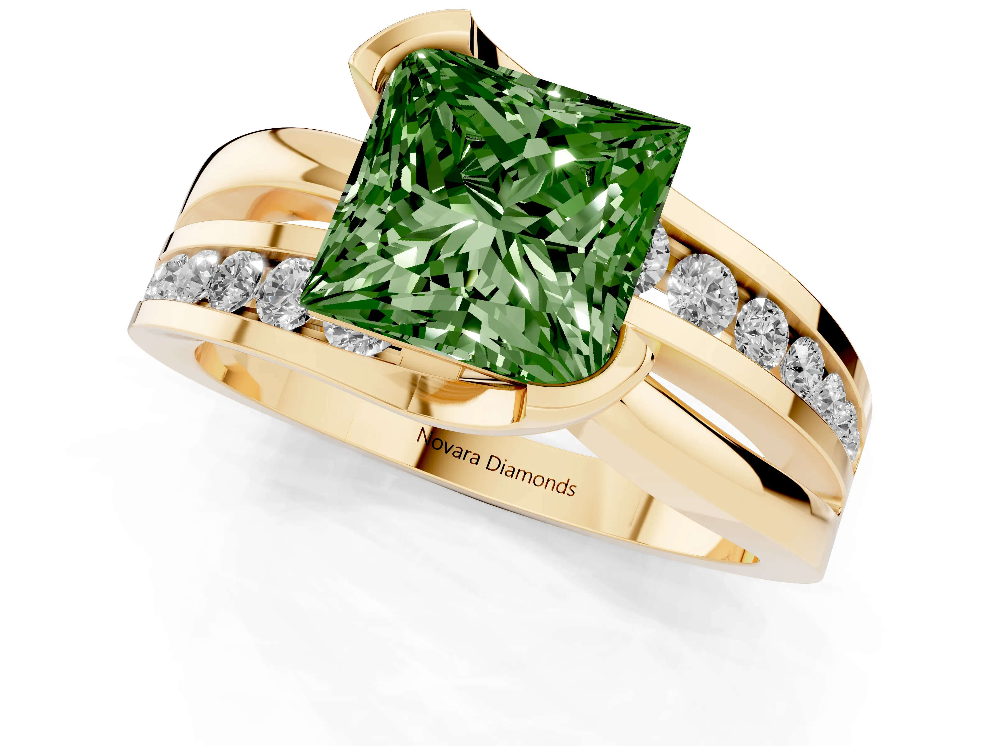 Fancy Green Princess Cut Diamond Solitaire Ring Set in Yellow gold with Channel Set Split Shank and Tension Prongs