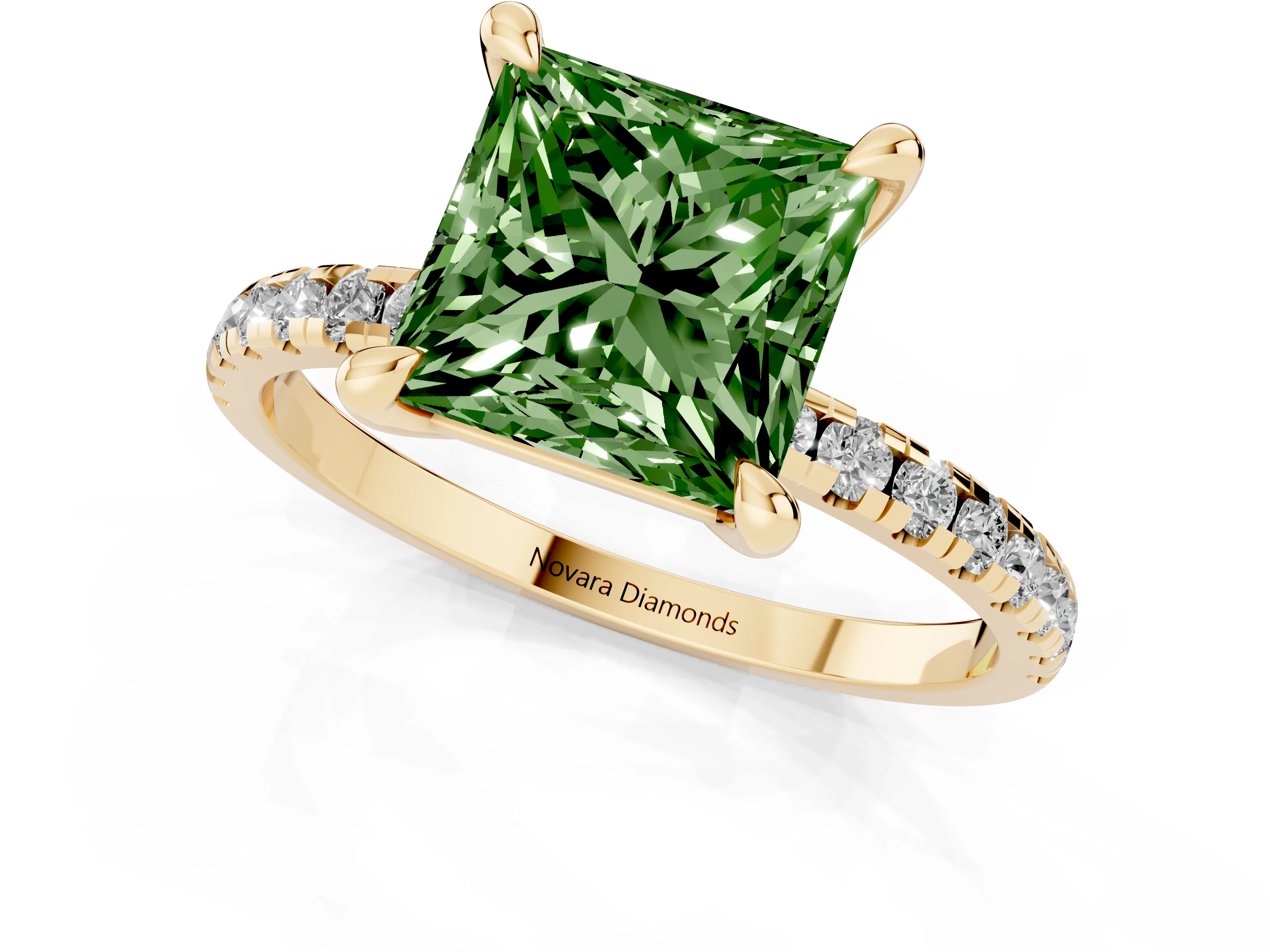 Fancy Green Princess Cut Diamond Brilliant Solitaire Ring Set in Yellow gold with Pavé Band and Prong Setting