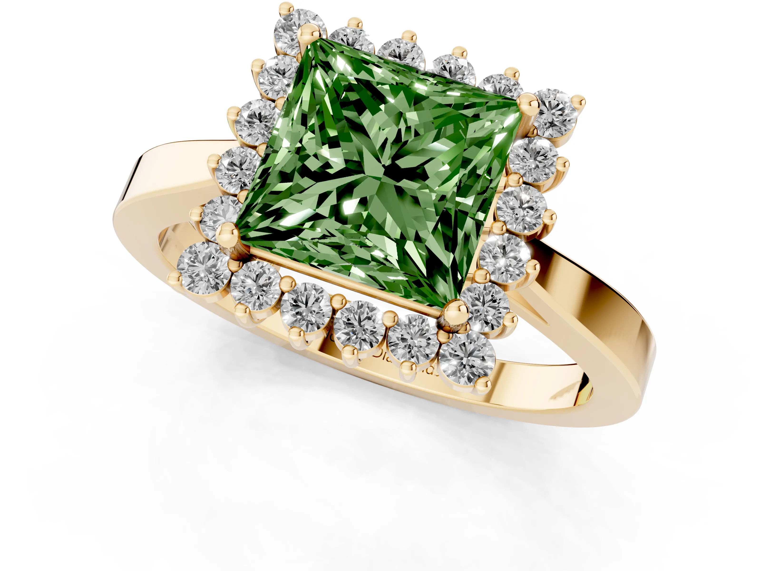 Fancy Green Princess Cut Diamond Halo Ring Set in Yellow gold with Round Halo and Smooth Solitaire Band