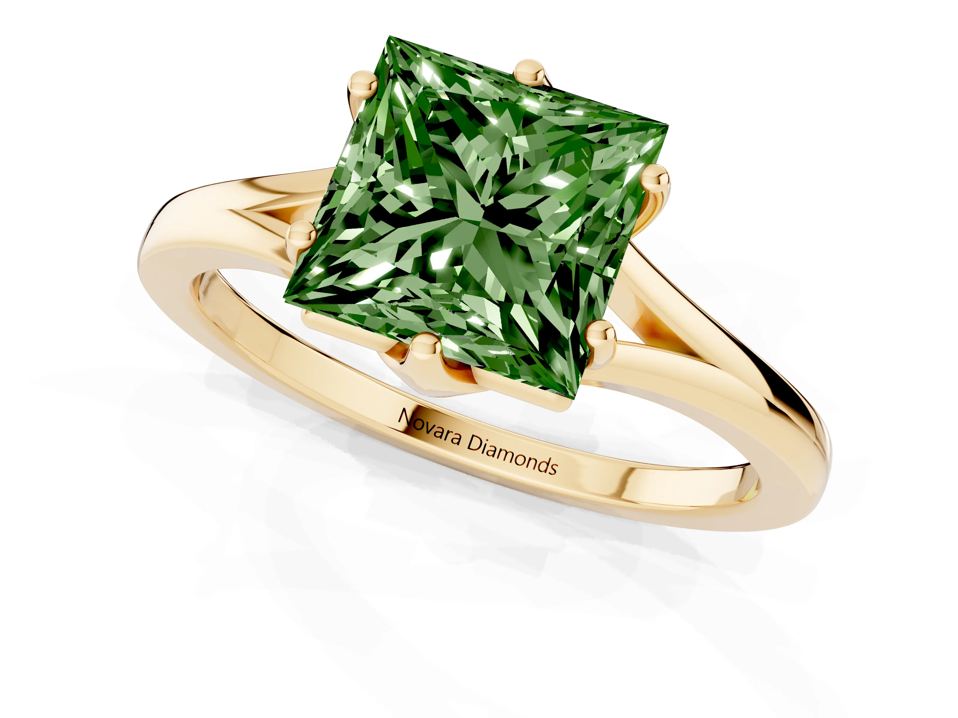 Fancy Green Princess Cut Diamond Solitaire Ring Set in Yellow gold with Polished Tapered Band and Prong Setting