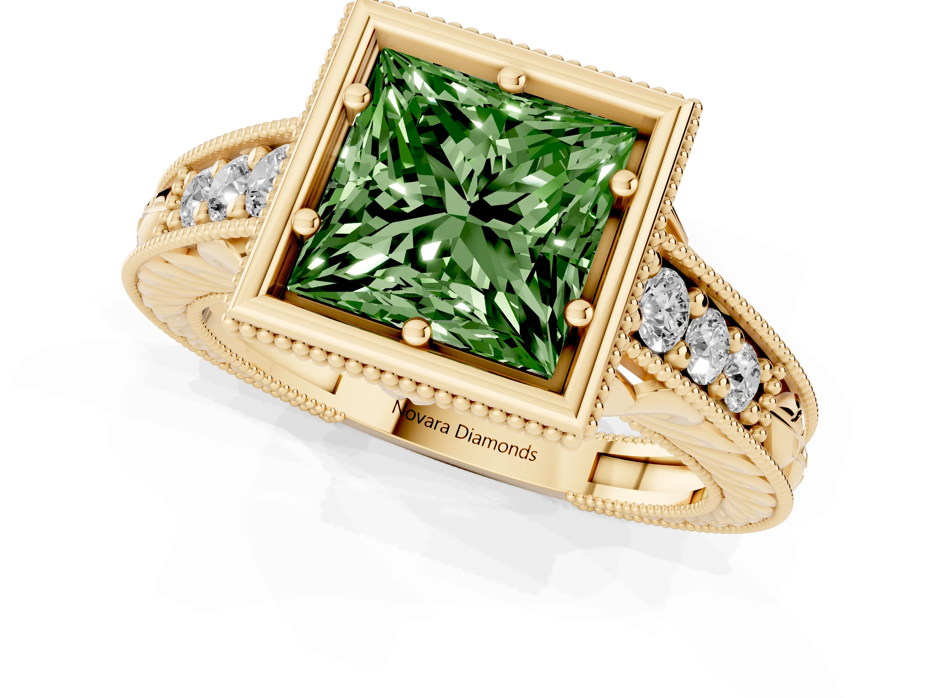 Fancy Green Bezel Set Princess Cut Diamond Milgrain Pavé Engagement Ring Set in Yellow gold