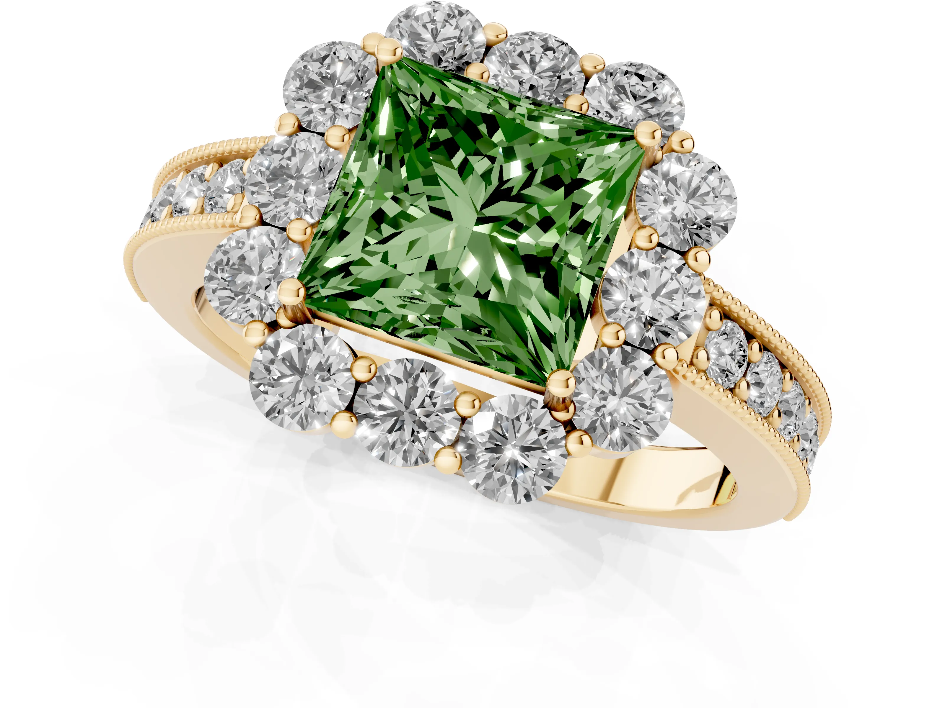 Fancy Green Princess Cut Diamond Halo Pavé Engagement Ring Set in Yellow gold with Milgrain Detailing