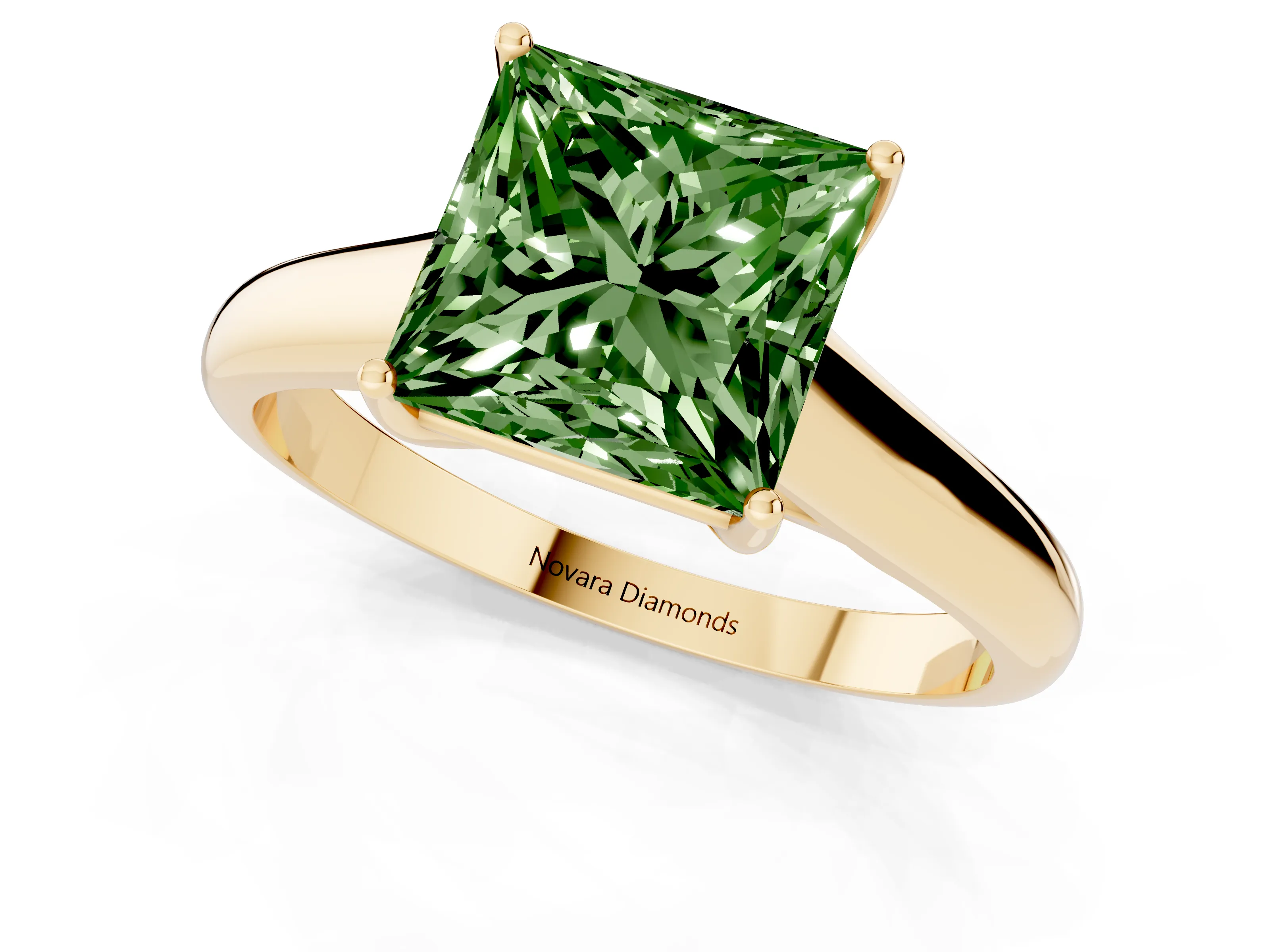 Fancy Green Princess Cut Diamond Solitaire Engagement Ring Set in Yellow gold with Subtly Tapered Band and Prong Setting