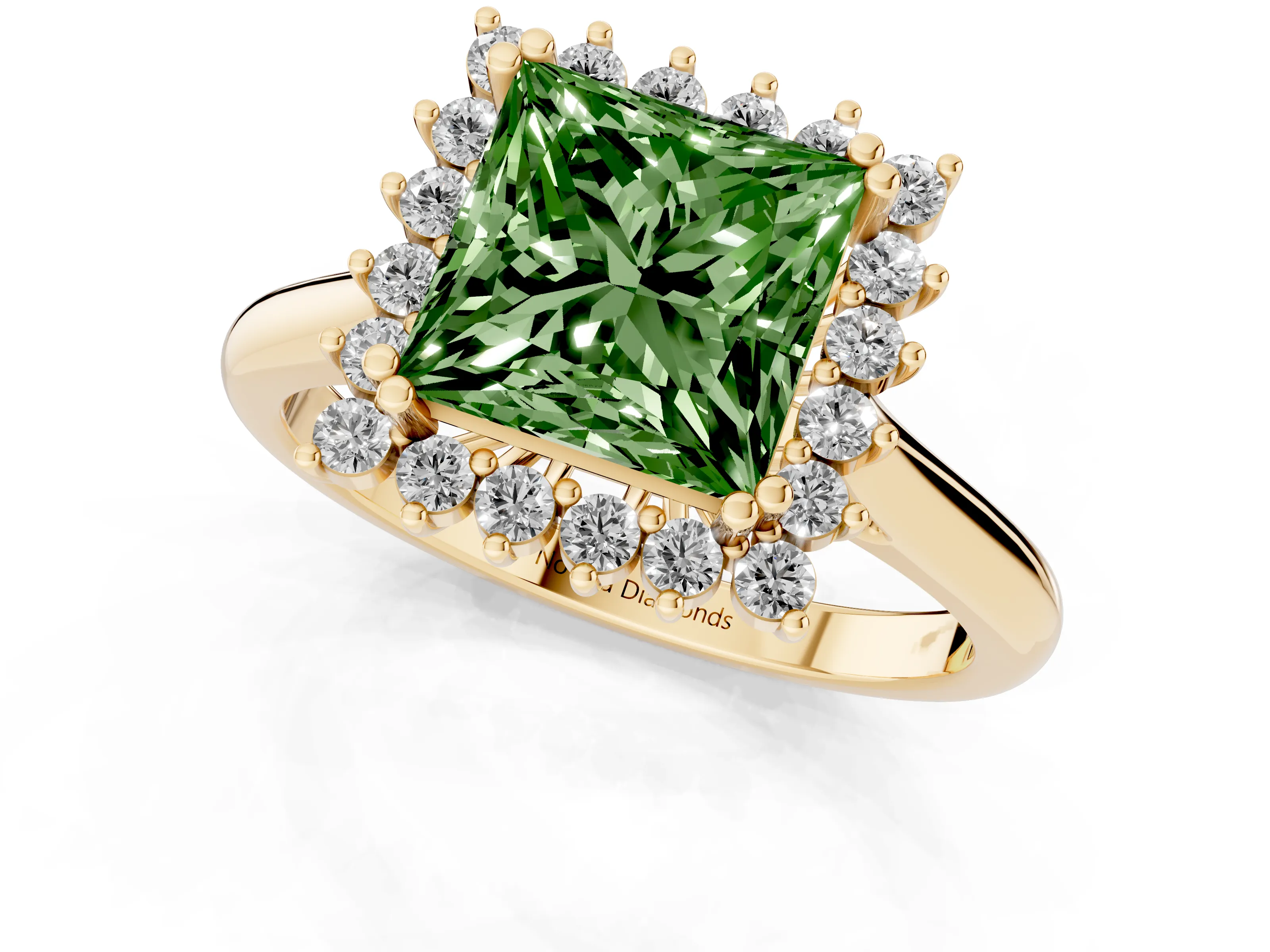 Fancy Green Princess Cut Diamond Halo Ring Set in Yellow gold with Plain Solitaire Band and Prong Setting