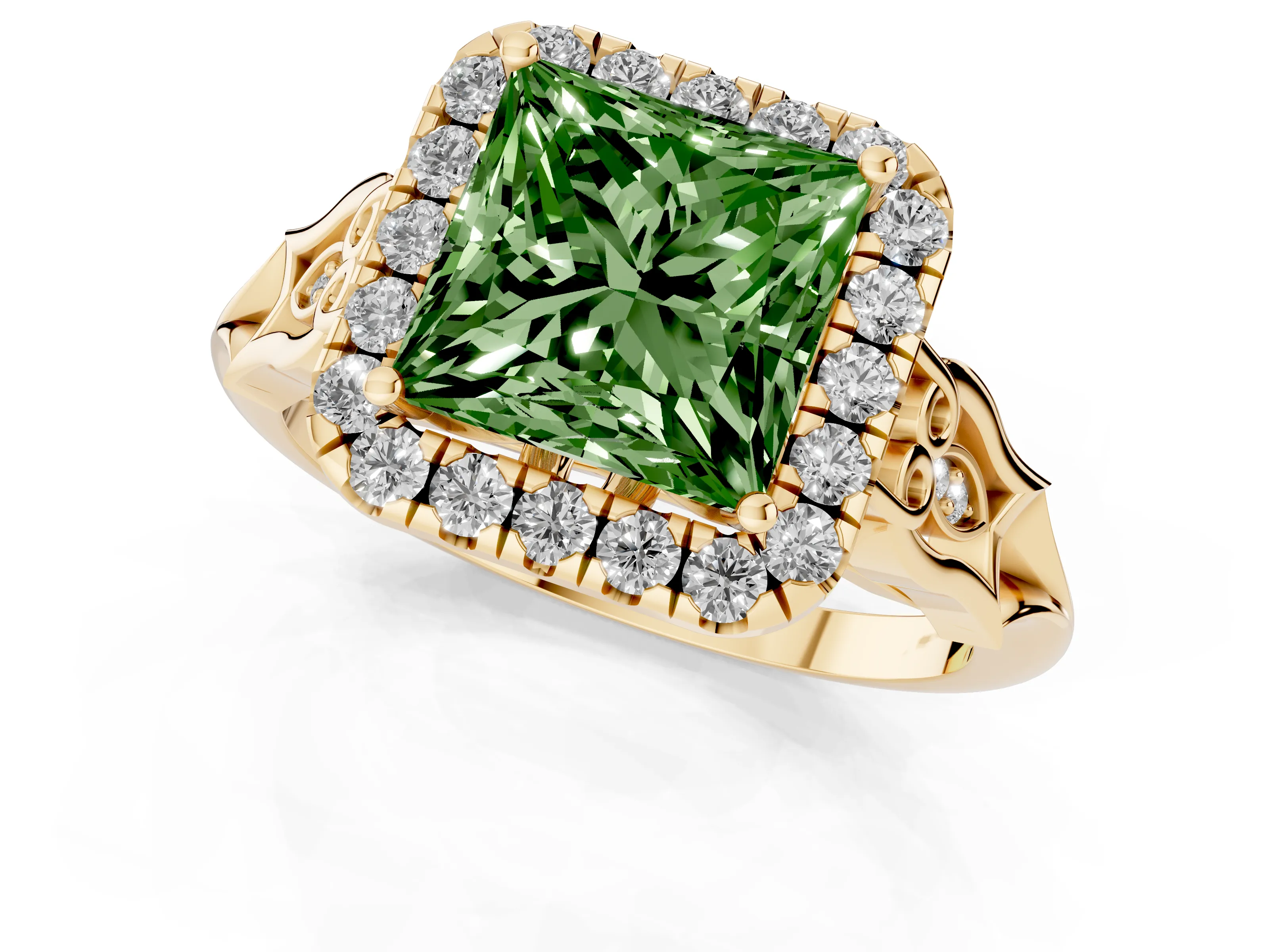 Fancy Green Princess Cut Diamond Halo Engagement Ring Set in Yellow gold with Filigree Band and Prong-Set Center
