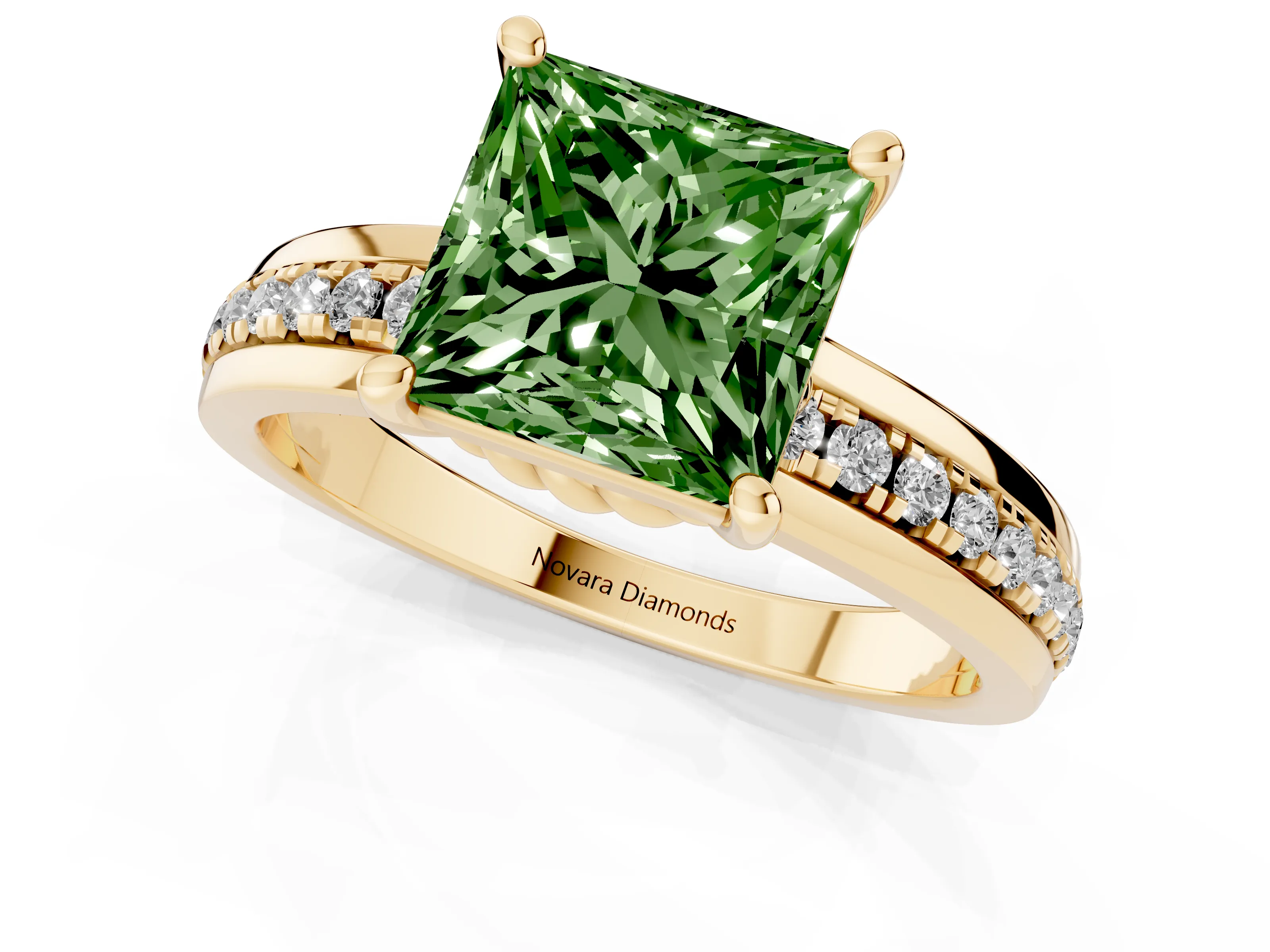 Fancy Green Princess Cut Diamond Solitaire Ring Set in Yellow gold with Channel Set Band and Prong Setting