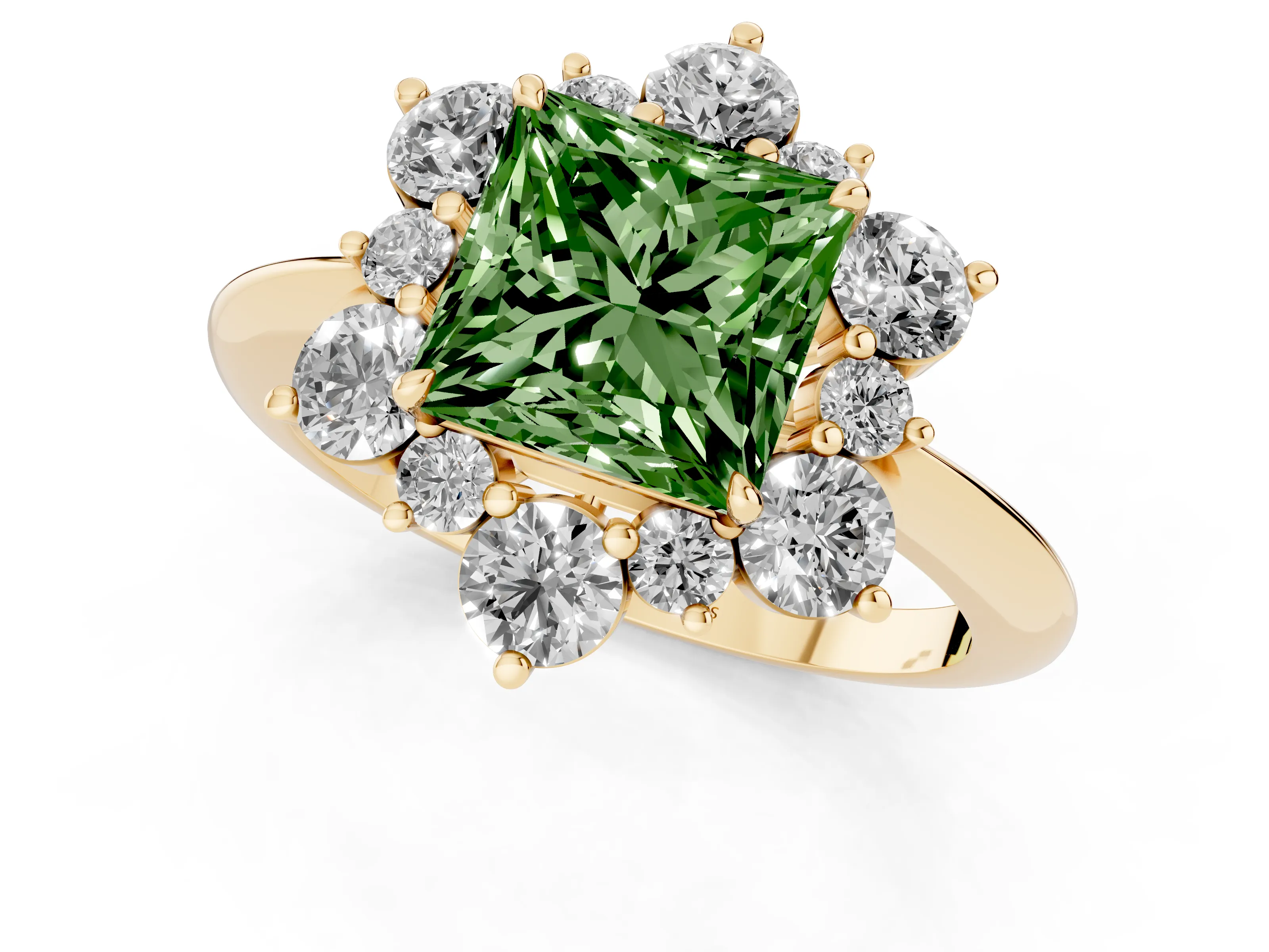 Fancy Green Princess Cut Diamond Cluster Halo Ring Set in Yellow gold with Solitaire Band and Prong Setting