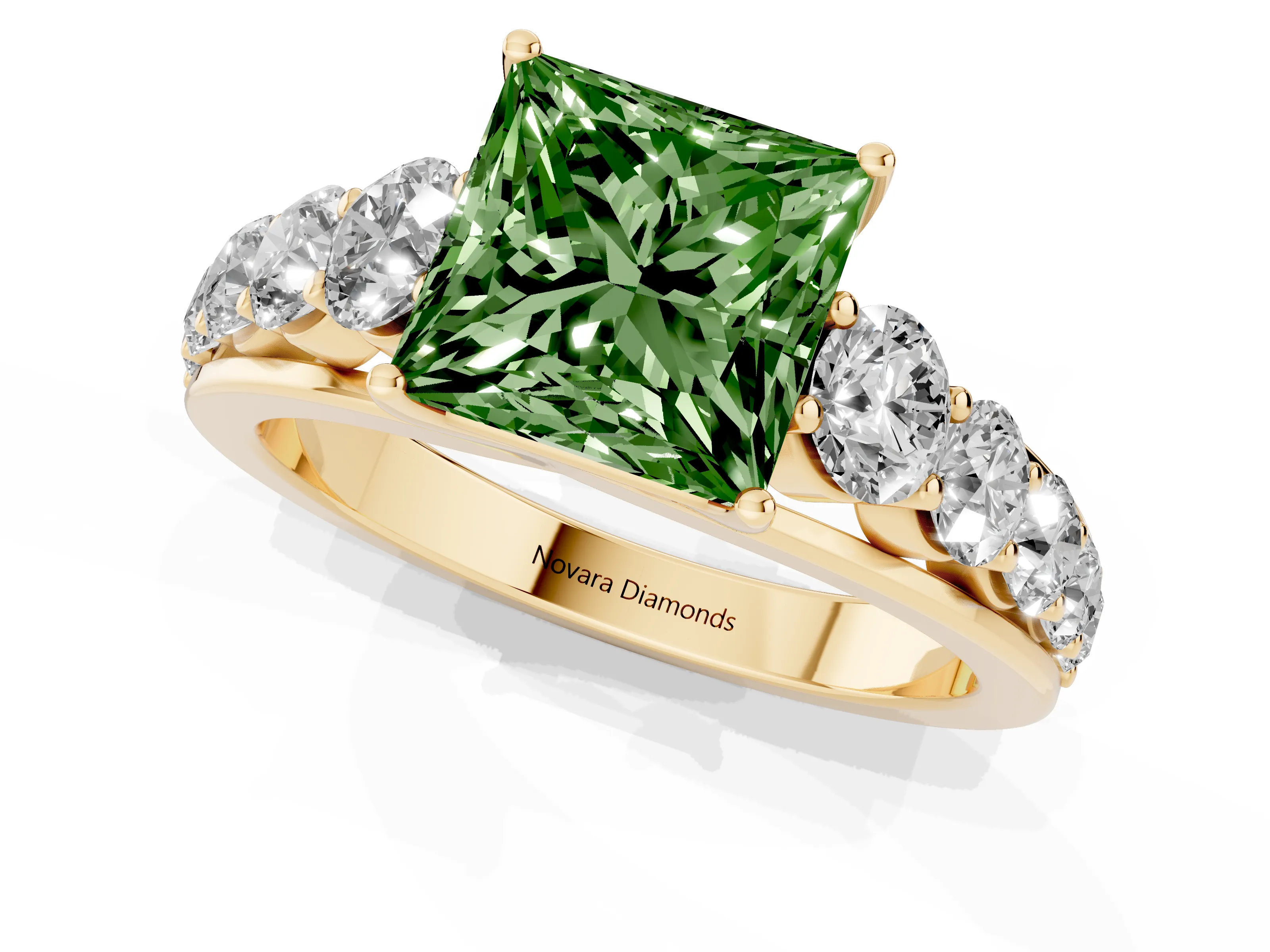 Fancy Green Princess Cut Diamond Solitaire Ring Set in Yellow gold with Pavé-Set Band and Prong Setting