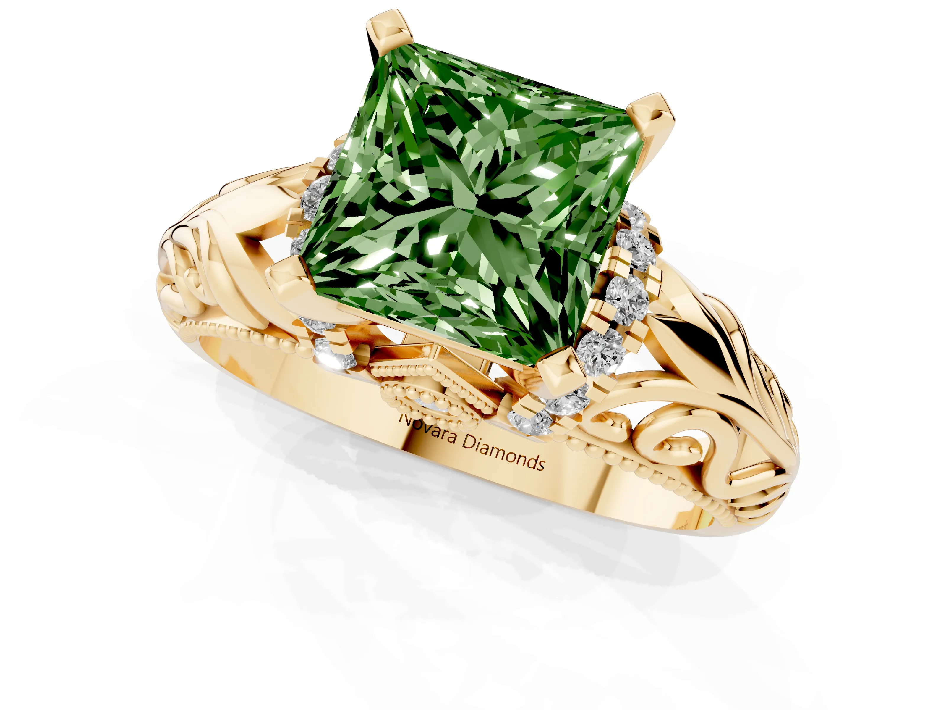 Fancy Green Princess Cut Diamond Filigree Halo Engagement Ring Set in Yellow gold with Prong Setting