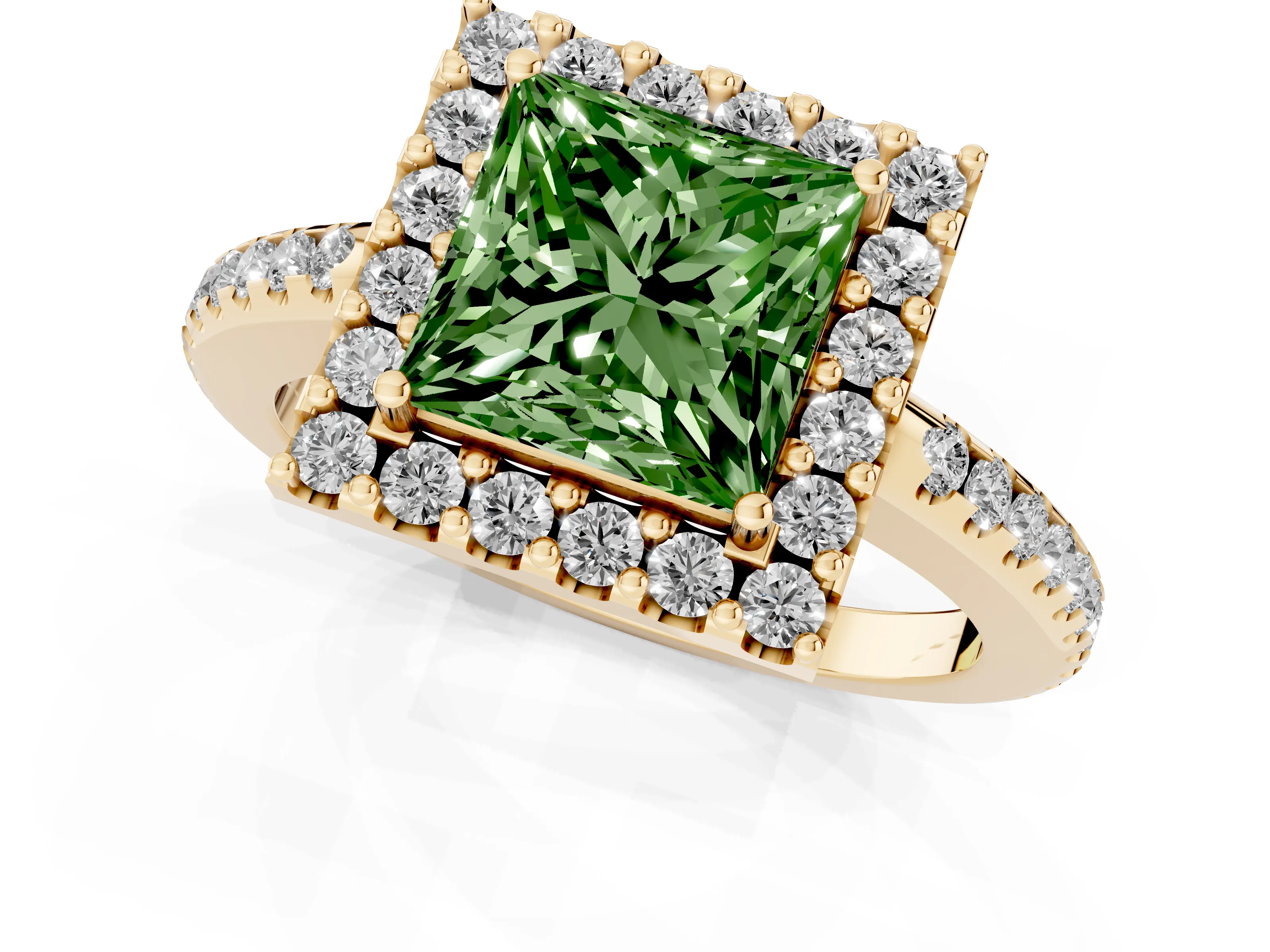 Fancy Green Princess Cut Diamond Pavé Halo Ring Set in Yellow gold with Prong Setting
