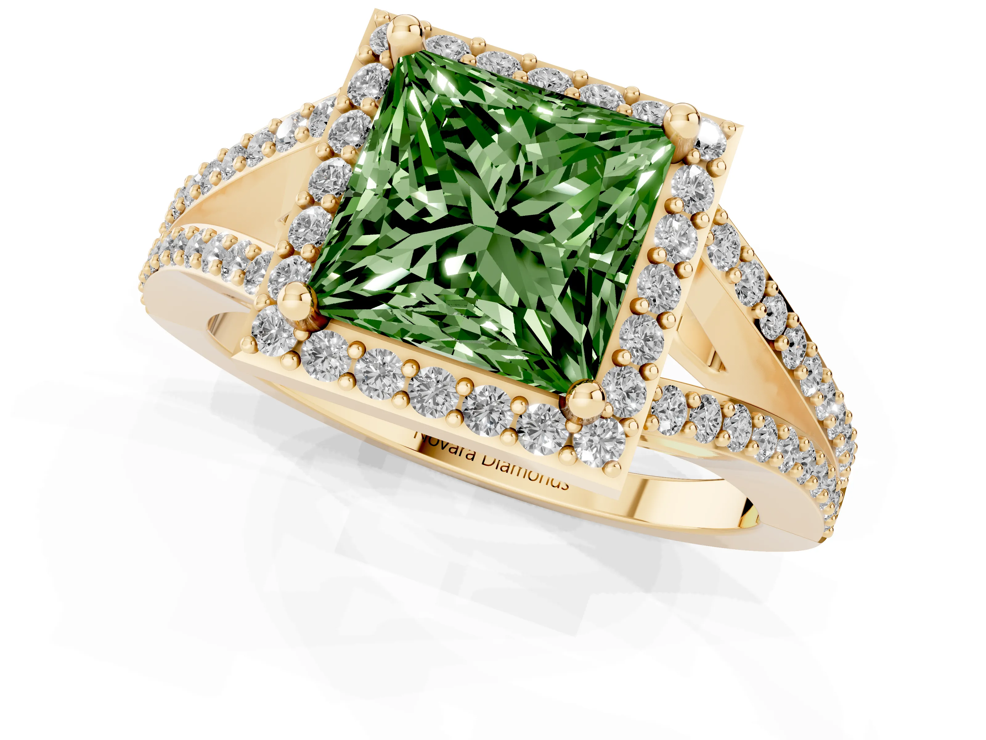 Fancy Green Princess Cut Diamond Halo Split Shank Pavé Ring Set in Yellow gold with Prong Setting