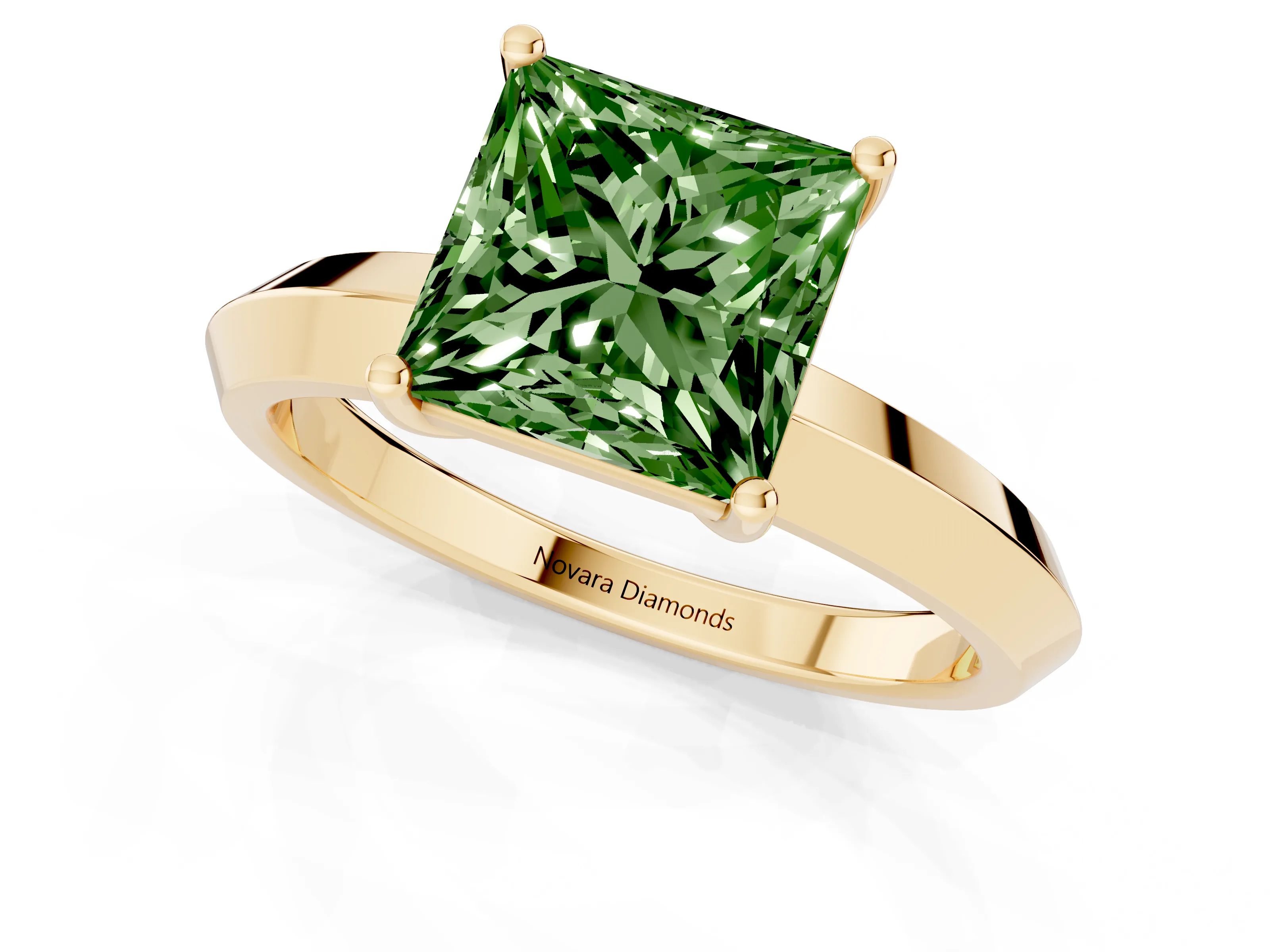 Fancy Green Princess Cut Diamond Solitaire Engagement Ring Set in Yellow gold with Flat Band and Prong Setting