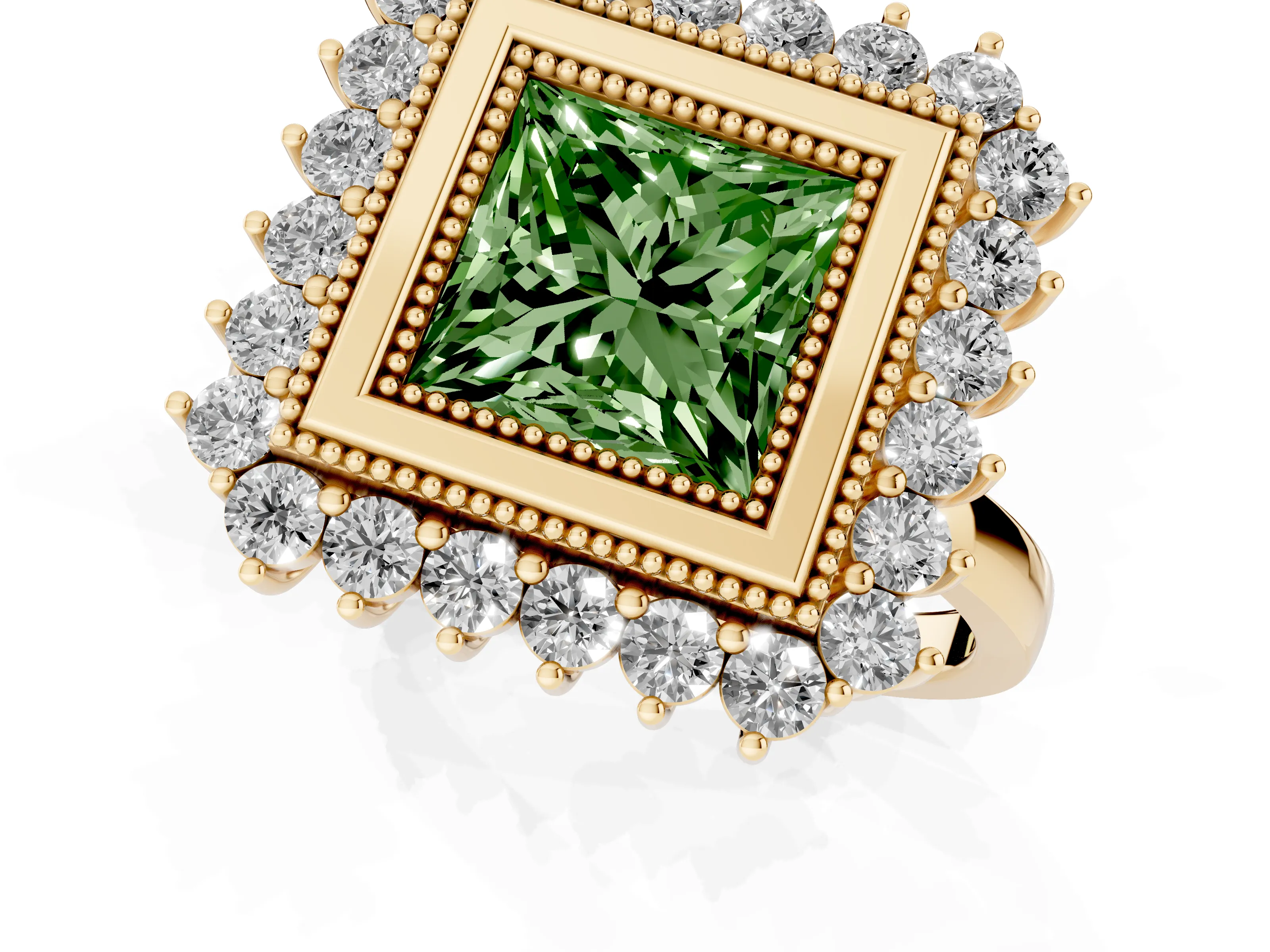 Fancy Green Princess Cut Diamond Halo Ring Set in Yellow gold with Milgrain Edge and Round Prong Setting