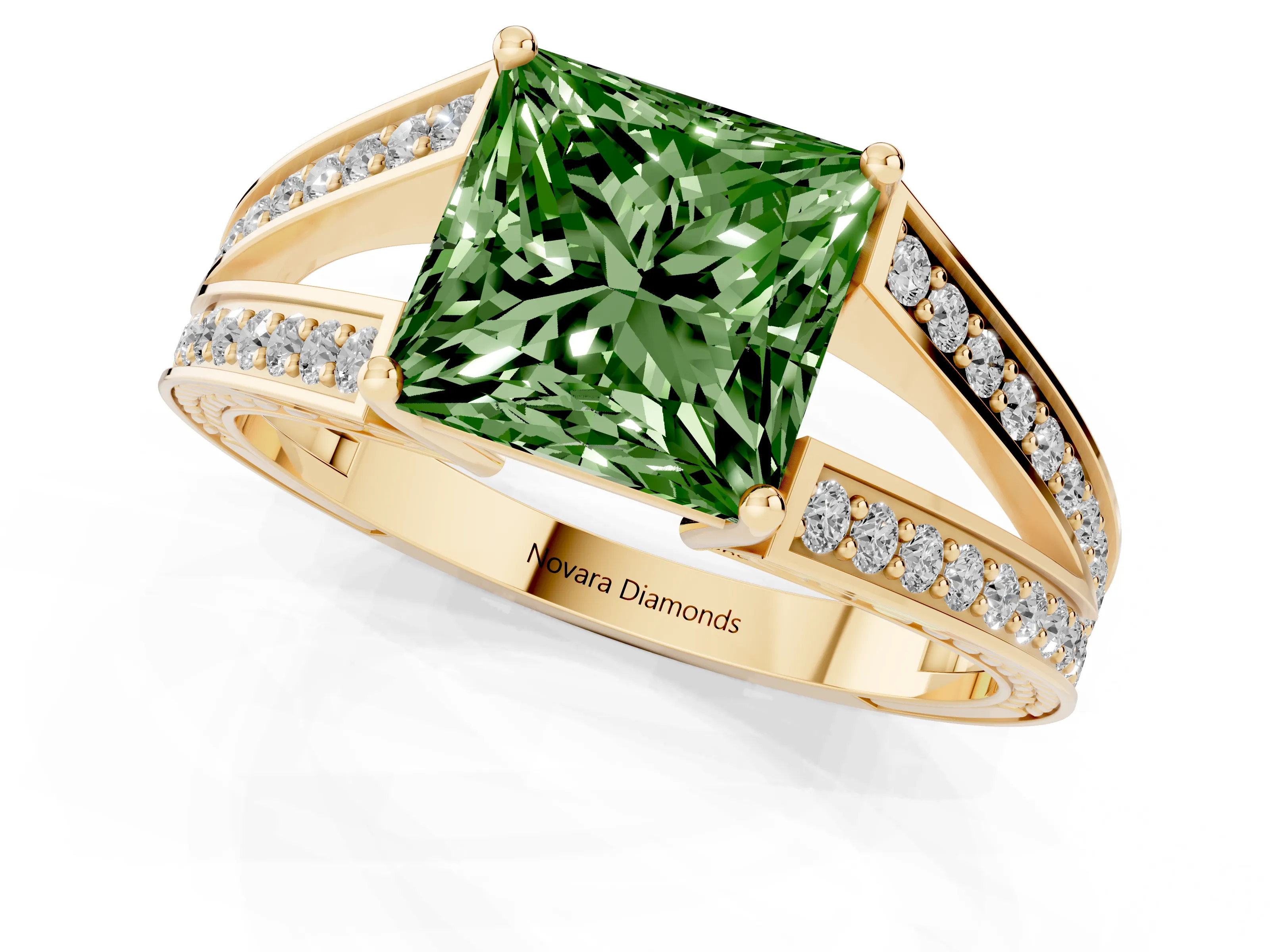 Fancy Green Princess Cut Diamond Split Shank Ring Set in Yellow gold with Pavé Band and Prong Setting