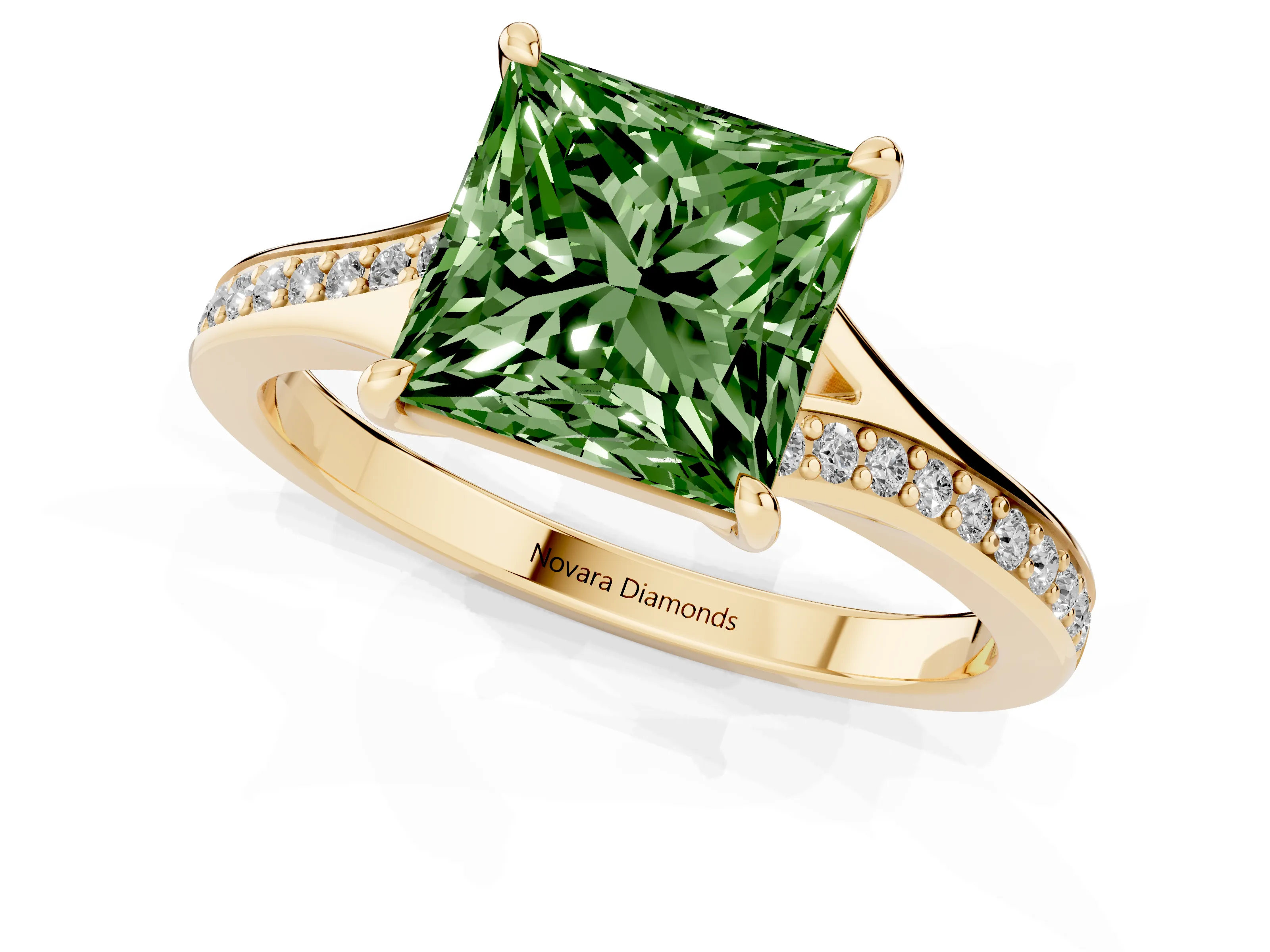 Fancy Green Princess Cut Diamond Solitaire Ring Set in Yellow gold with Pavé Accent Band and Classic Prong Setting