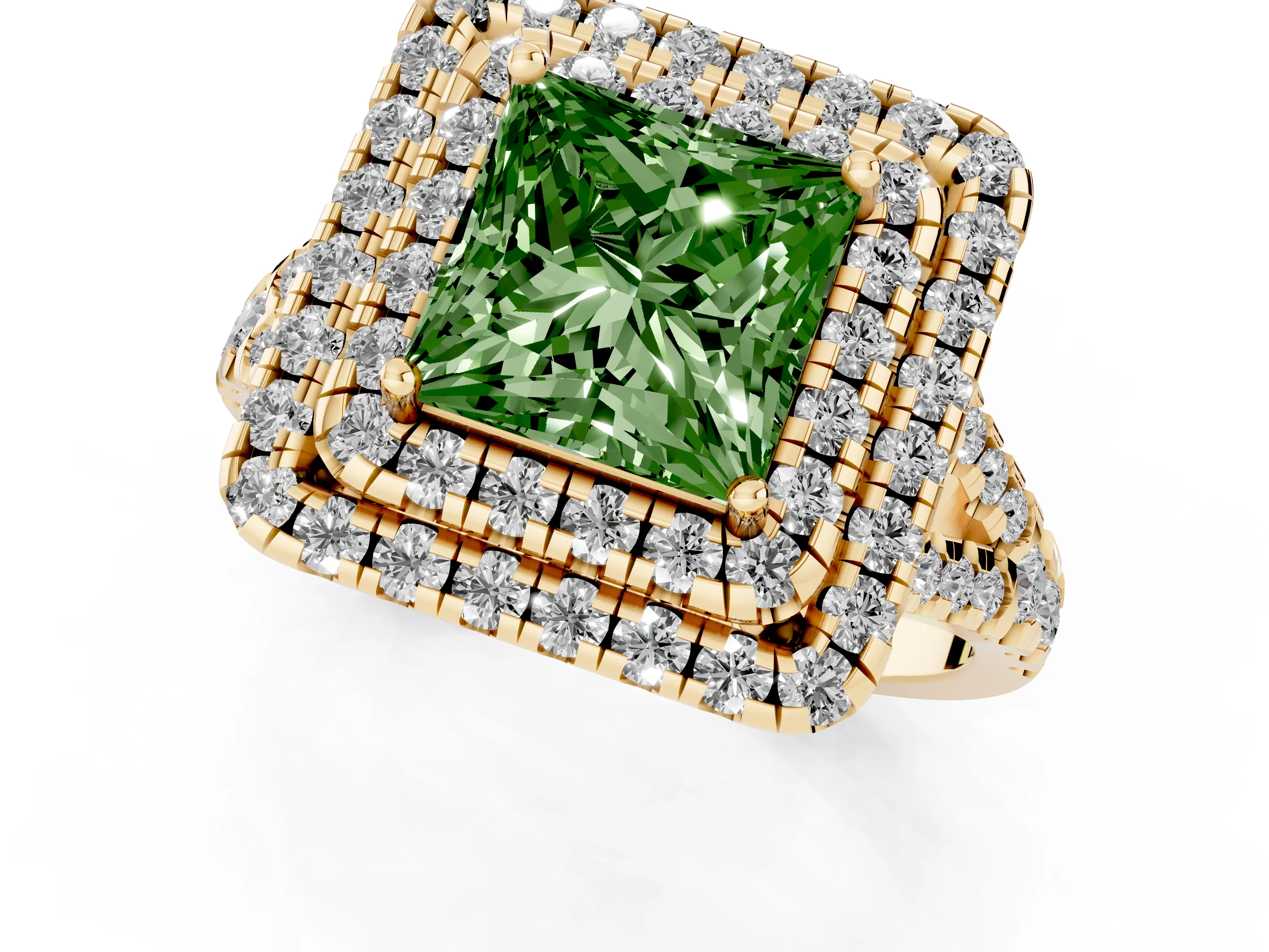 Fancy Green Princess Cut Diamond Double Halo Ring Set in Yellow gold with Pavé Split Shank and Prong Setting