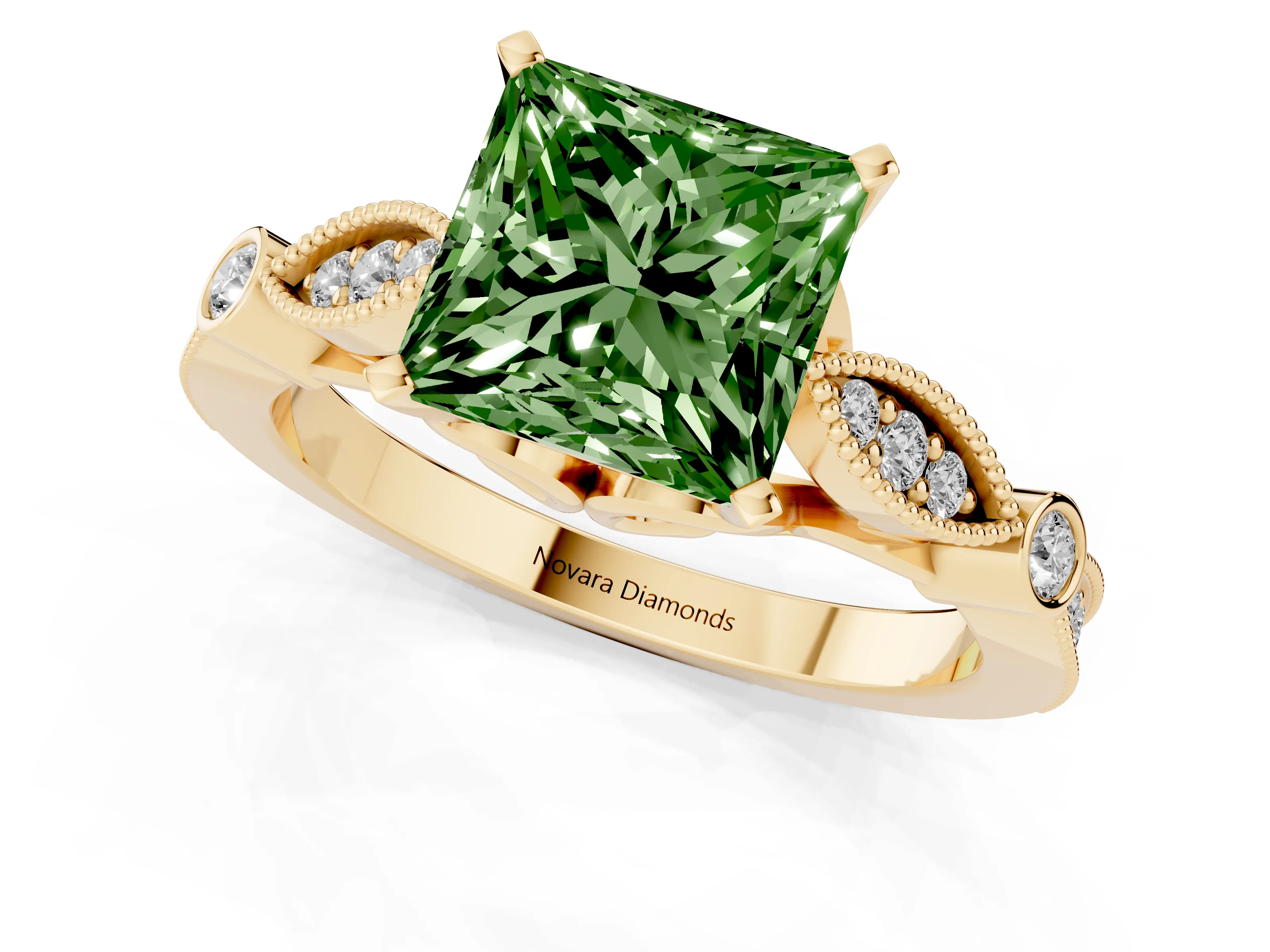 Fancy Green Princess Cut Diamond Solitaire Ring Set in Yellow gold with Milgrain Marquise and Bezel Accents