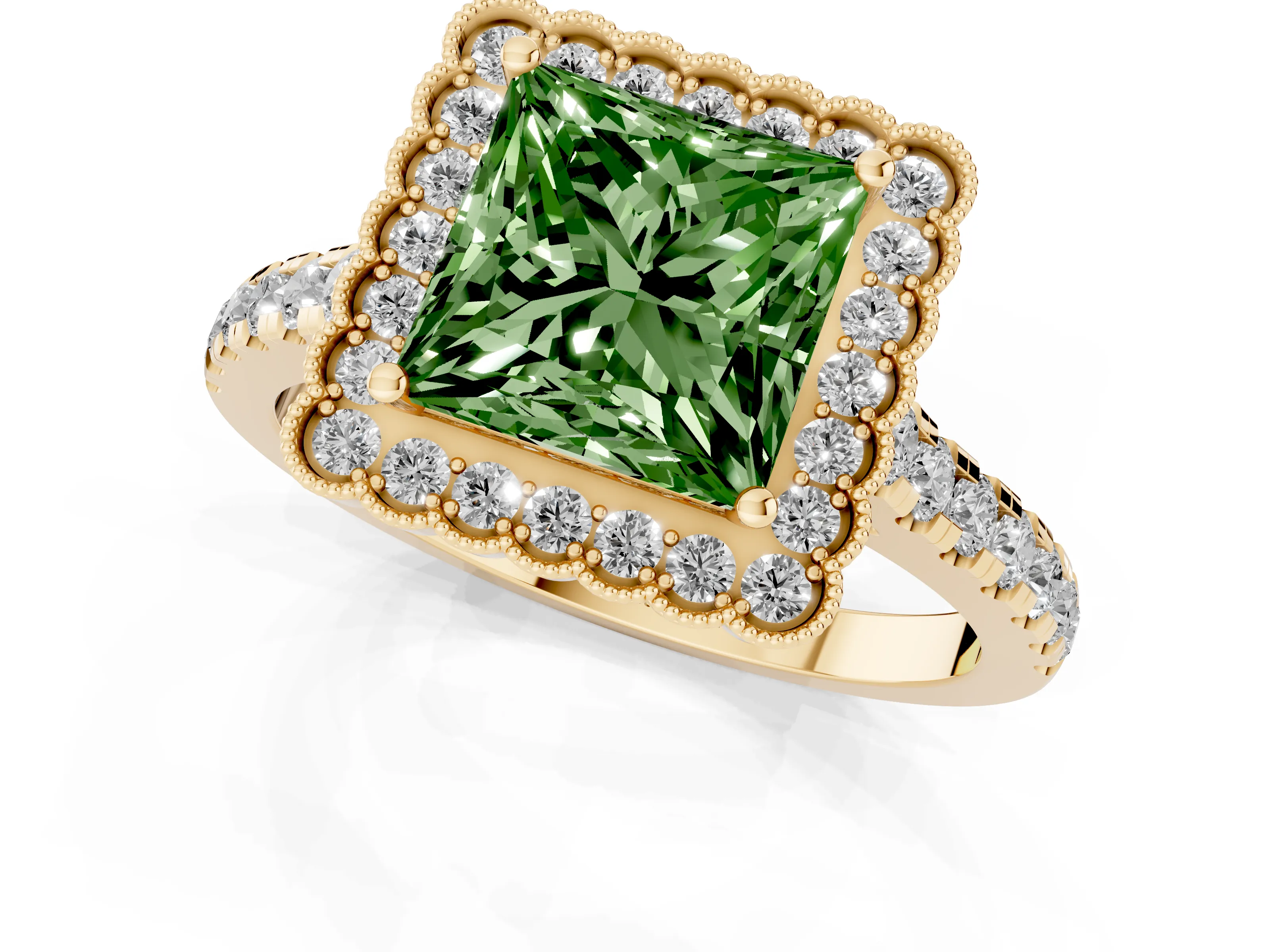 Fancy Green Princess Cut Diamond Milgrain Floral Halo Engagement Ring Set in Yellow gold with Pavé Band