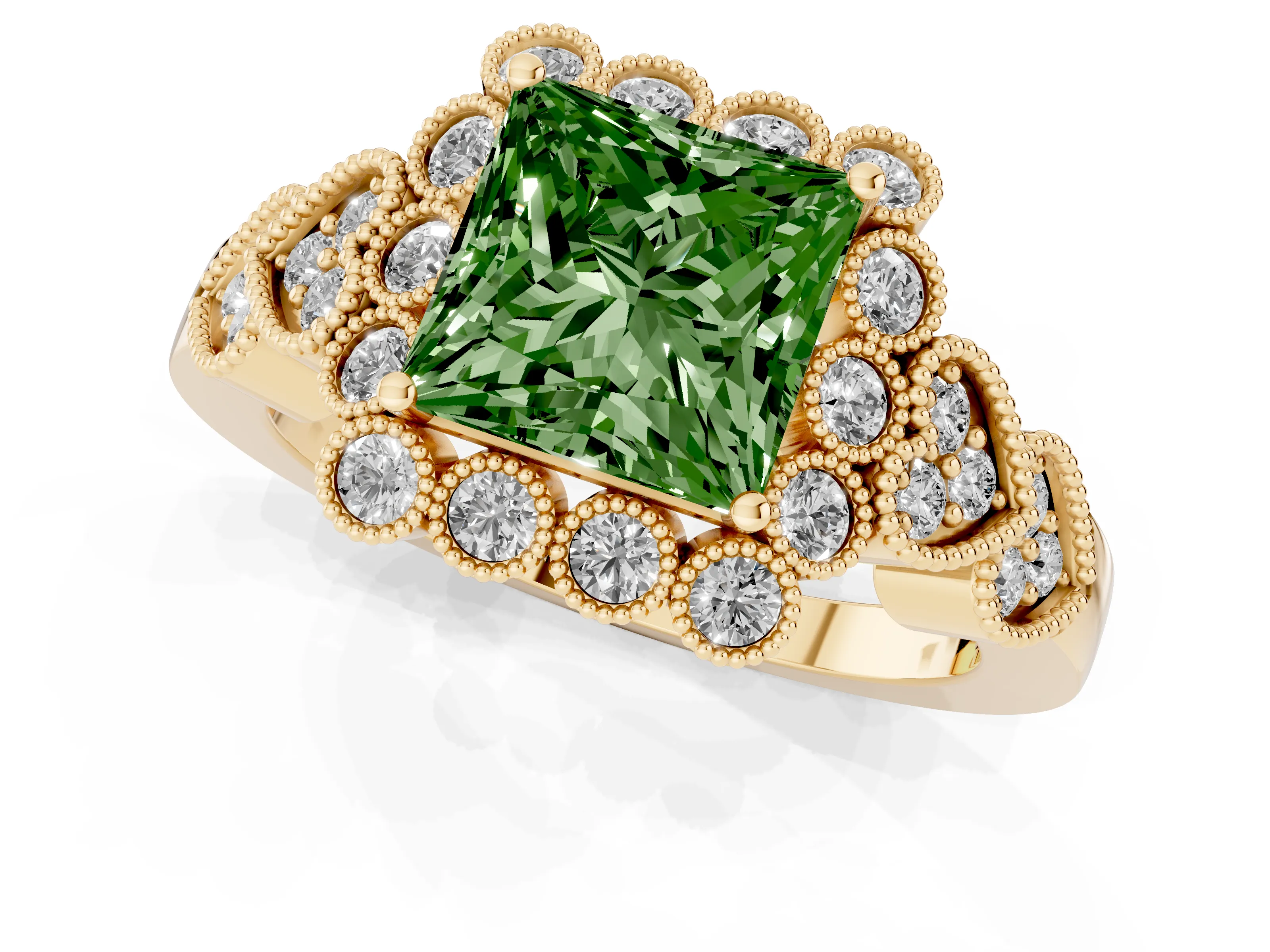 Fancy Green Princess Cut Diamond Solitaire Ring Set in Yellow gold with Milgrain Pavé Heart Band