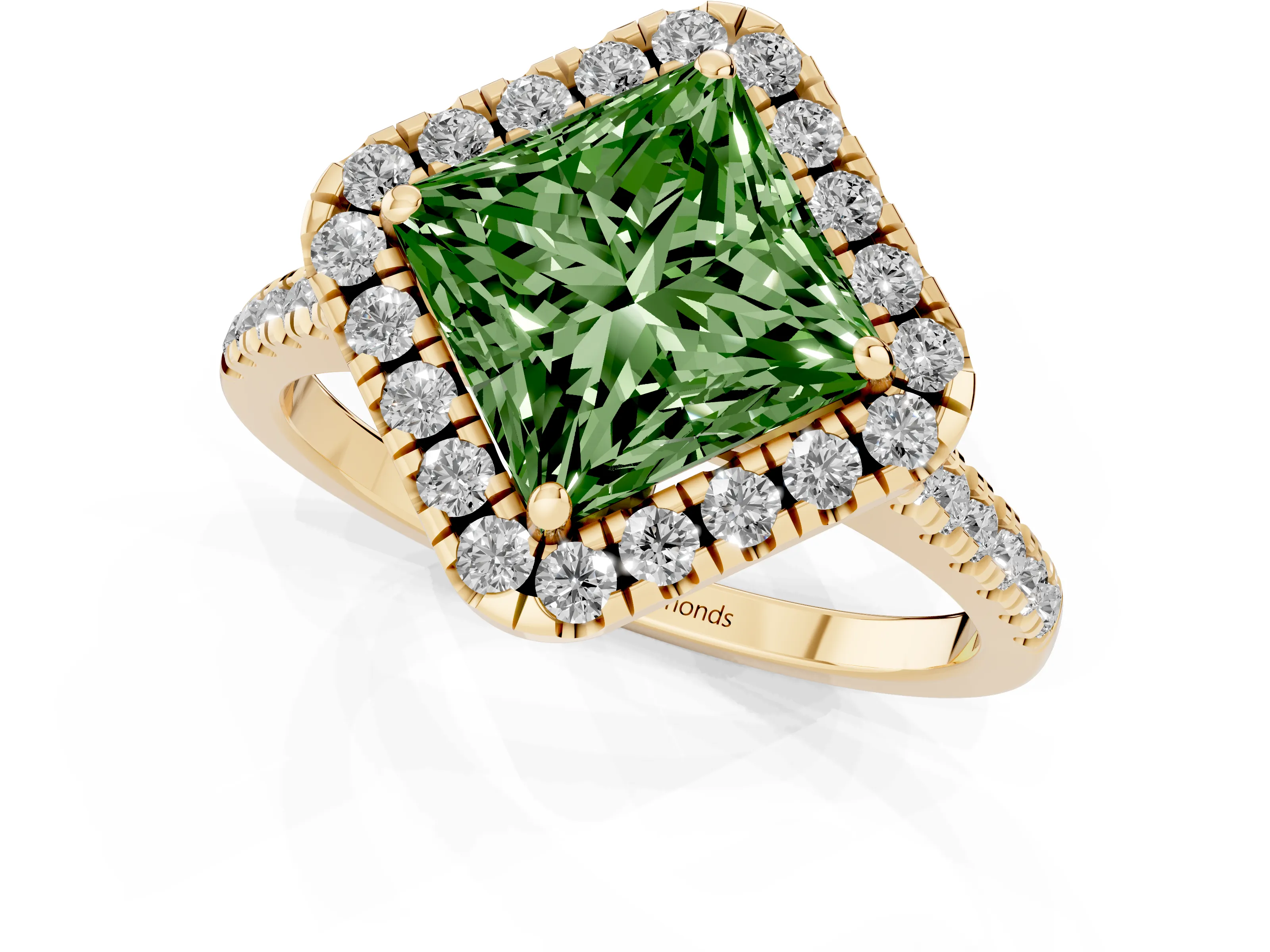 Fancy Green Princess Cut Diamond Cushion Halo Ring Set in Yellow gold with Pavé Band