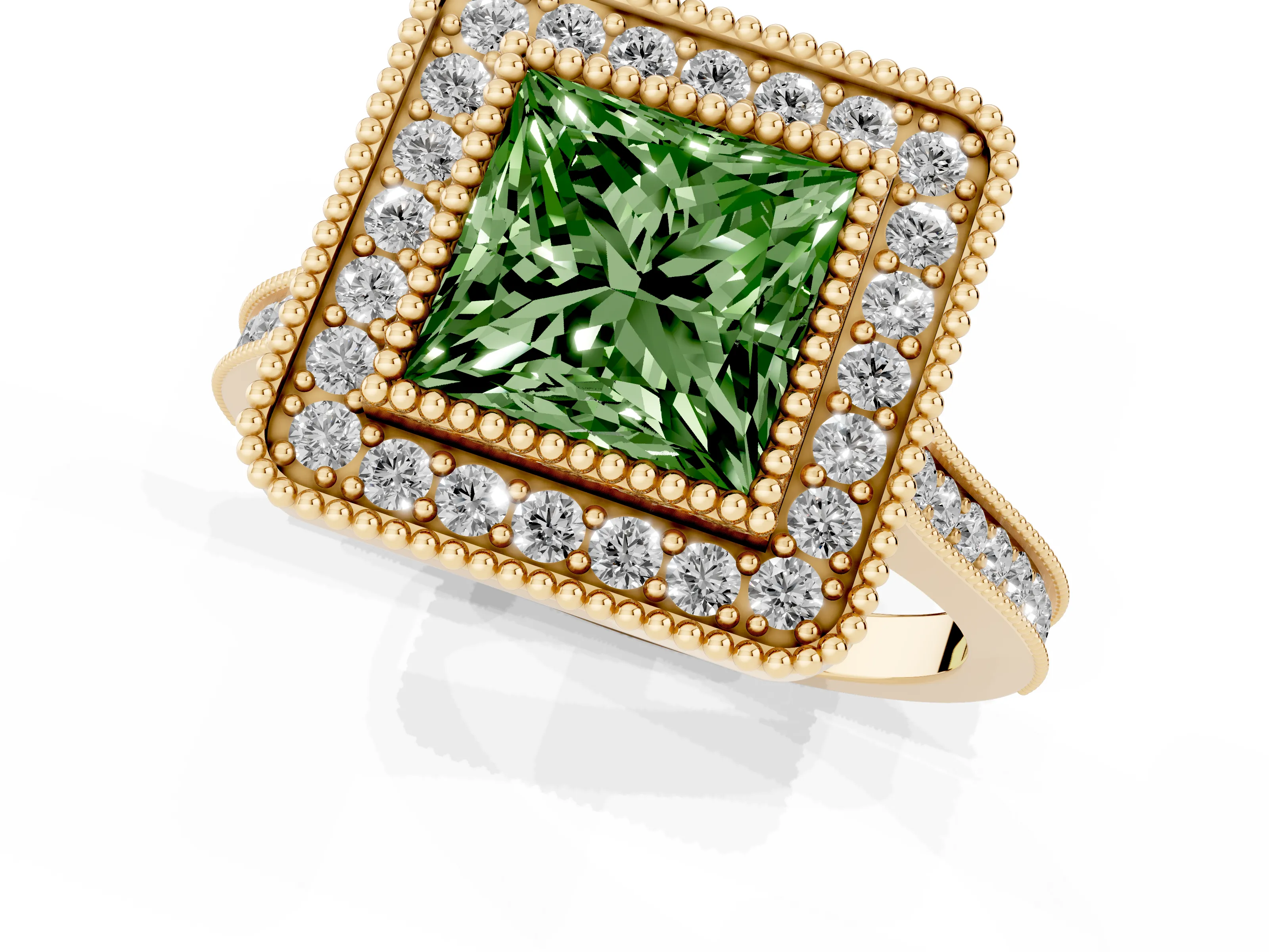 Fancy Green Princess Cut Diamond Halo Ring Set in Yellow gold with Milgrain Frame and Pavé Band