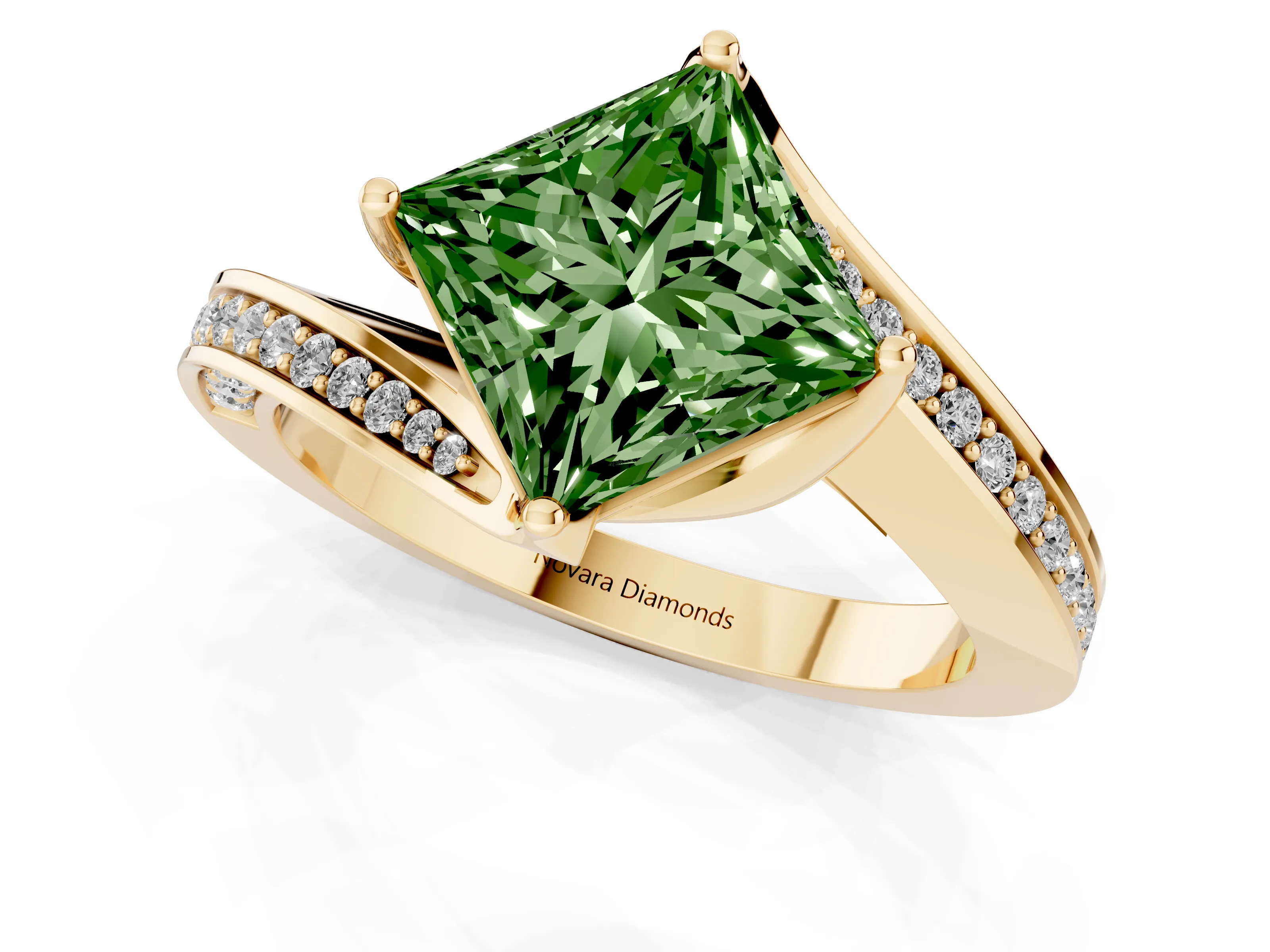 Fancy Green Princess Cut Diamond Solitaire Ring Set in Yellow gold with Intertwined Pavé Twist Band