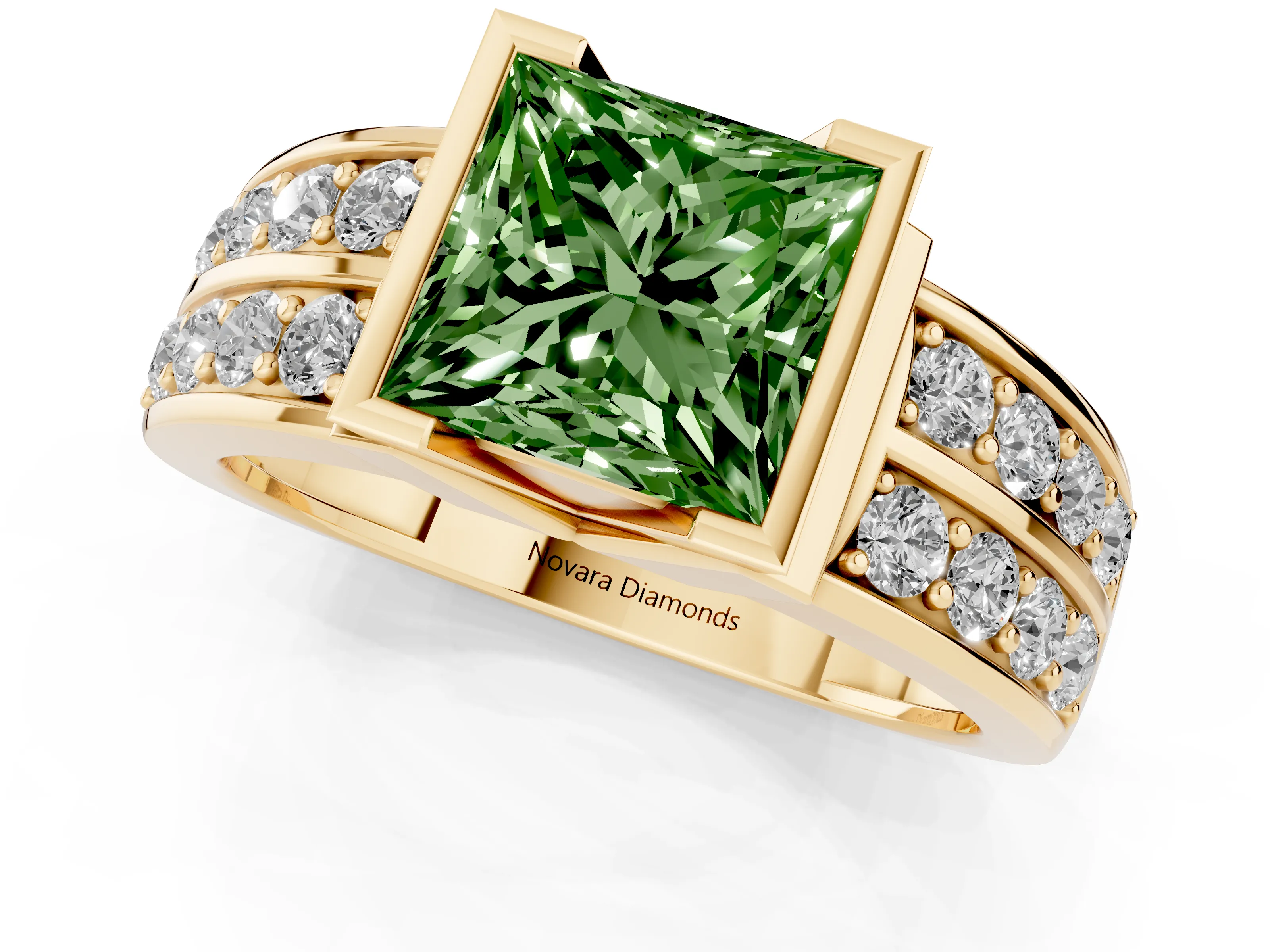 Fancy Green Princess Cut Diamond Wide Channel Set Band Ring Set in Yellow gold with Bezel Setting