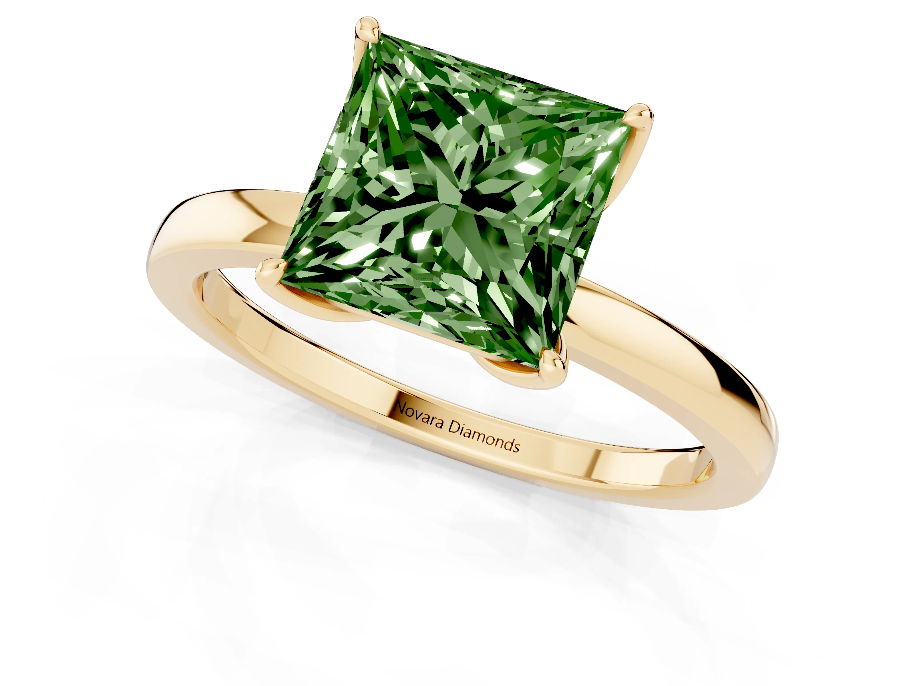 Fancy Green Princess Cut Diamond Solitaire Ring Set in Yellow gold with Prong Setting and Thin Polished Band