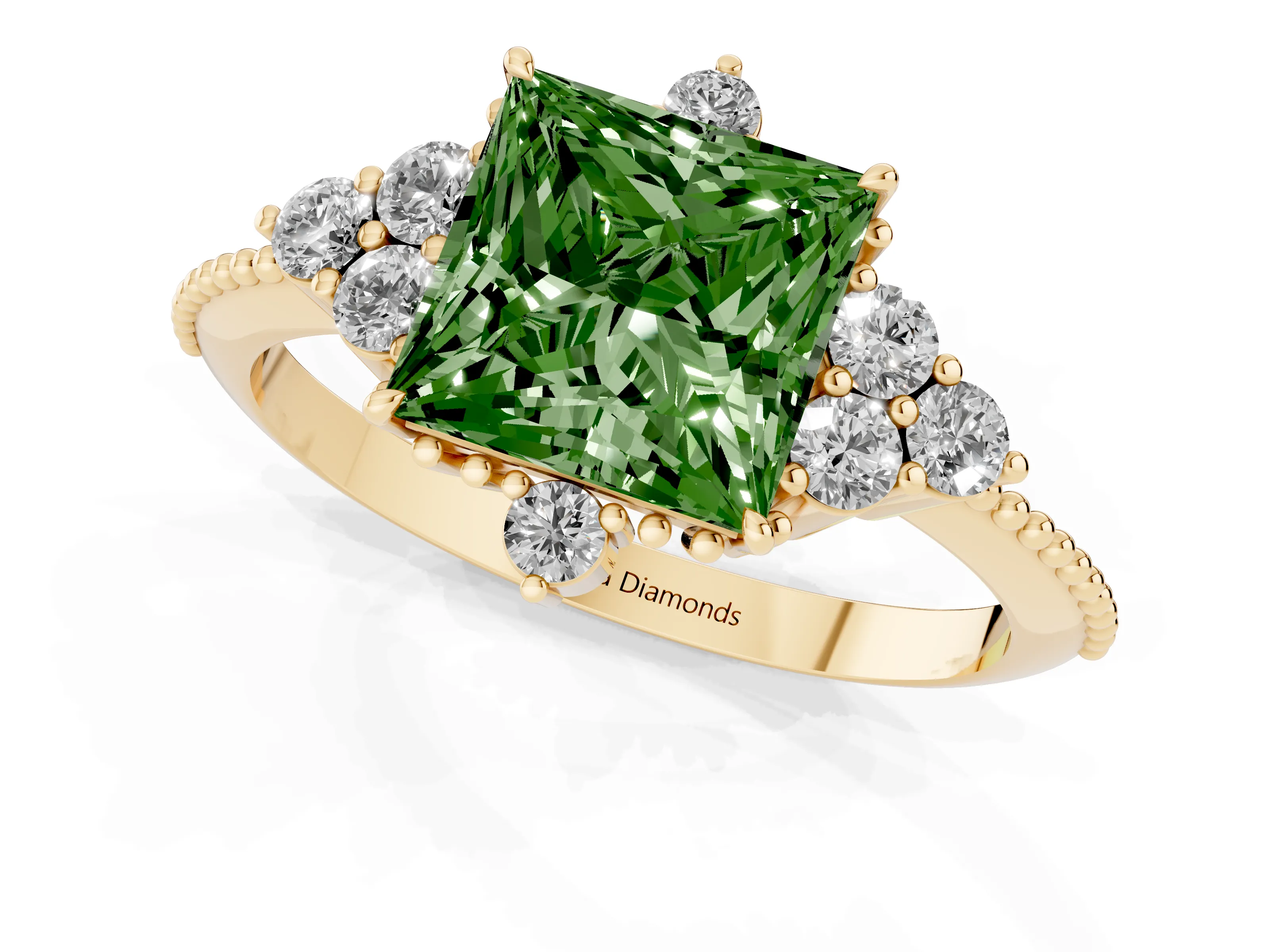 Fancy Green Princess Cut Diamond Cluster Ring Set in Yellow gold with Beaded Band