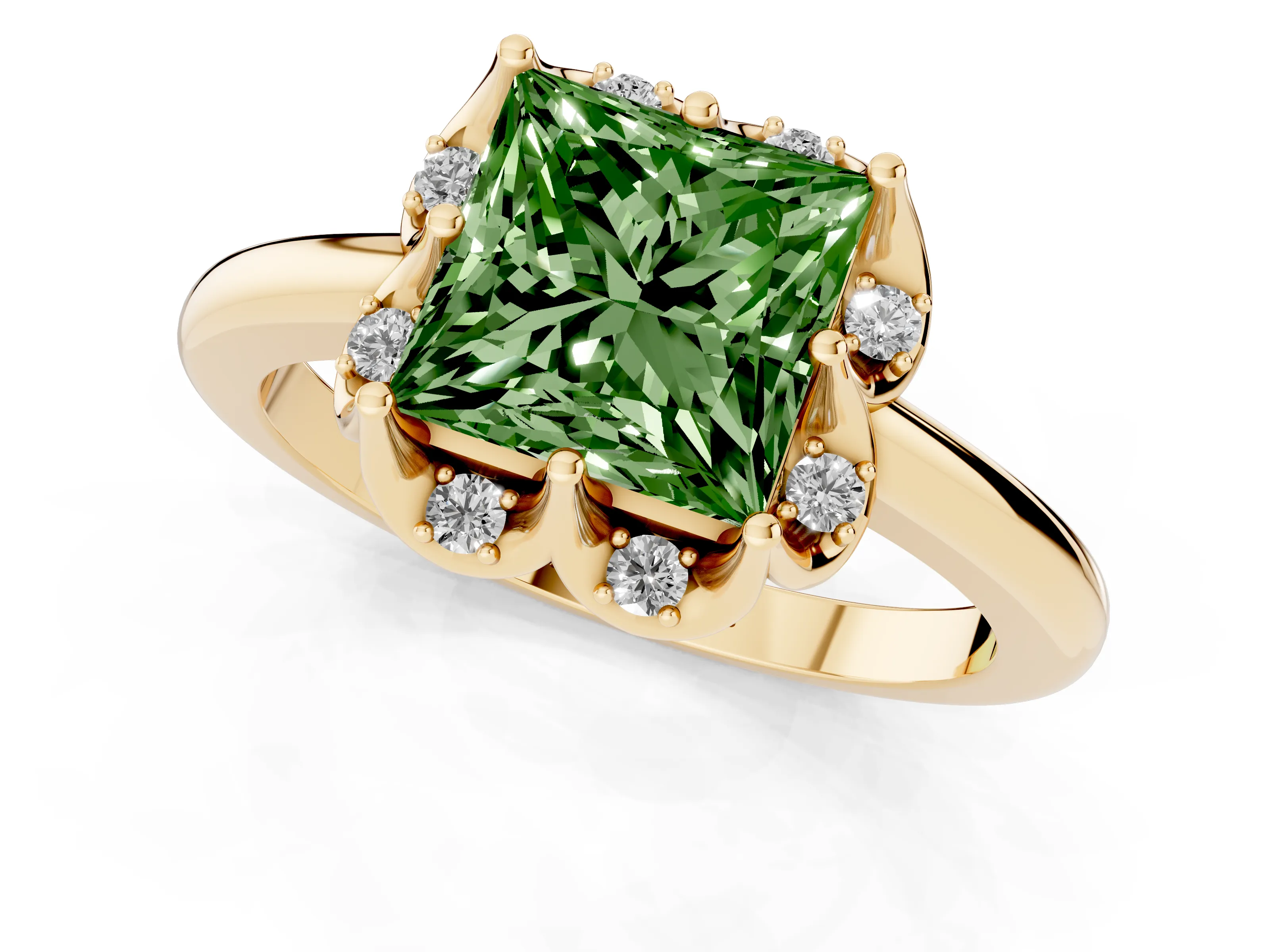 Fancy Green Princess Cut Diamond Round Cluster Halo Ring Set in Yellow gold with Solitaire Band and Prong Setting