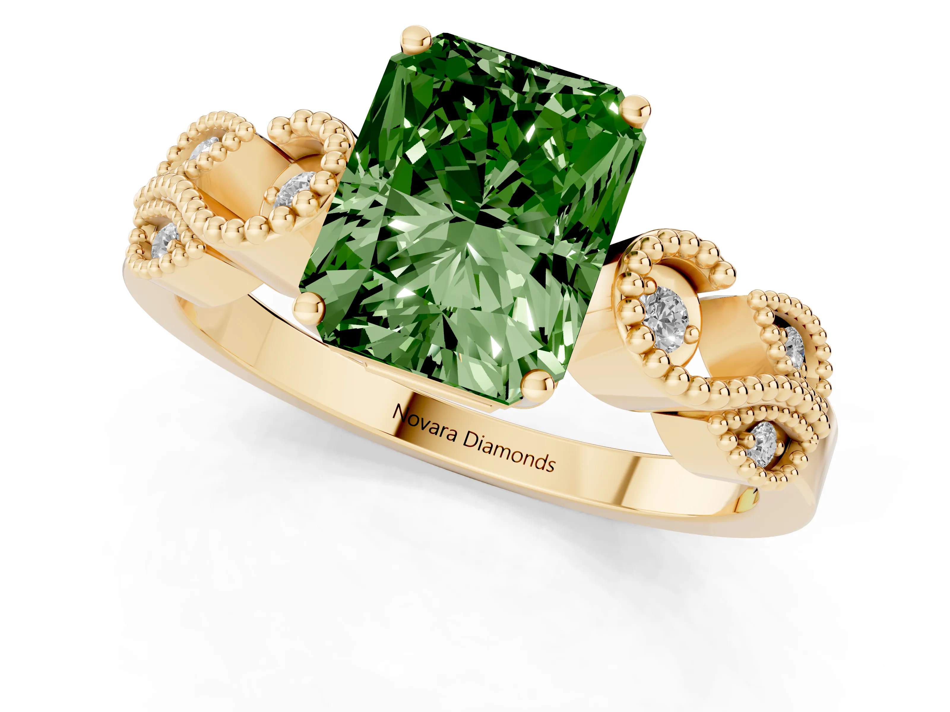 Fancy Green Princess Cut Diamond Milgrain Leaf Band Solitaire Ring Set in Yellow gold with Accent Stones and Prong Setting