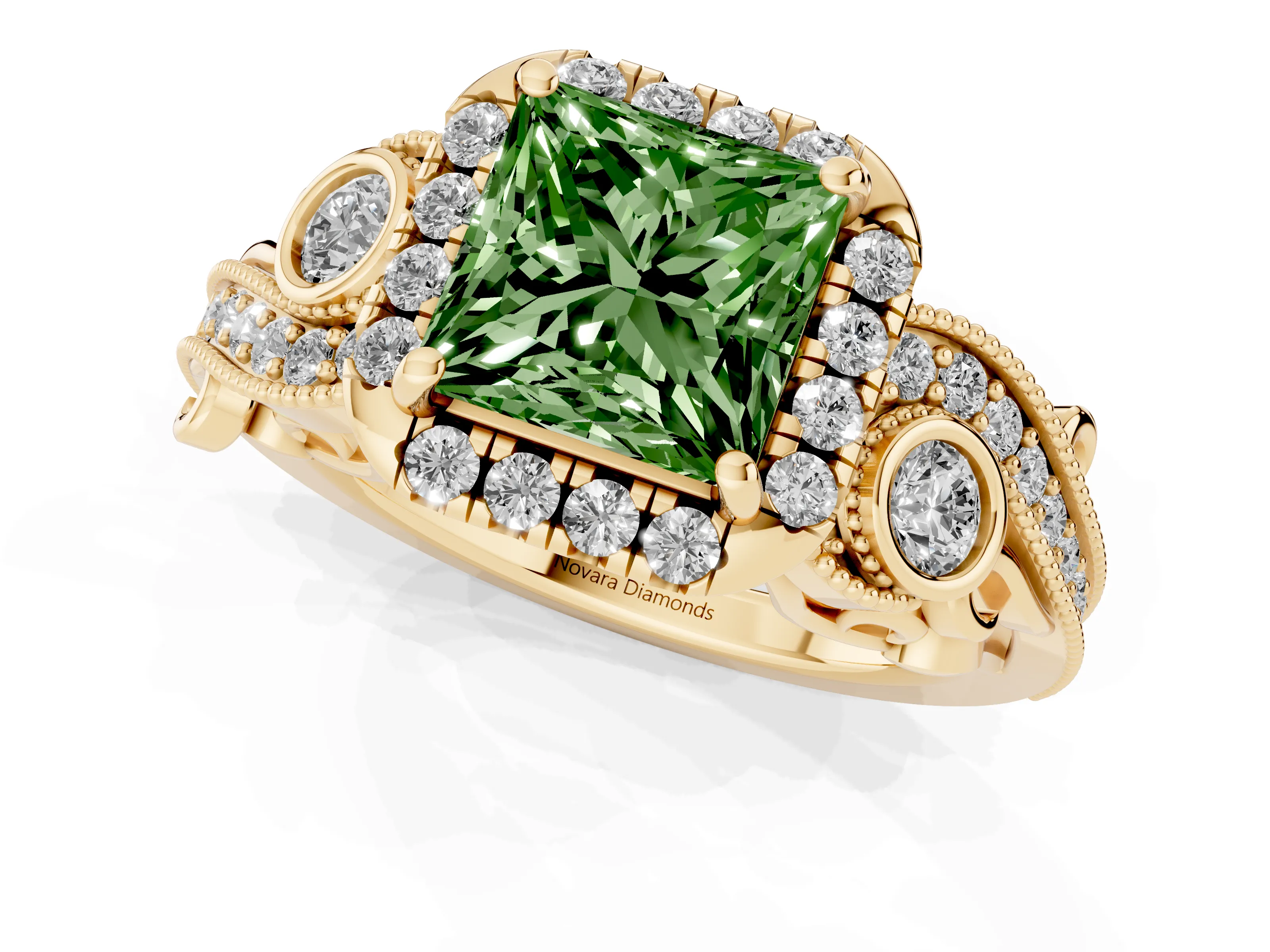 Fancy Green Princess Cut Diamond Halo Ring Set in Yellow gold with Milgrain Pavé Band and Prong Setting