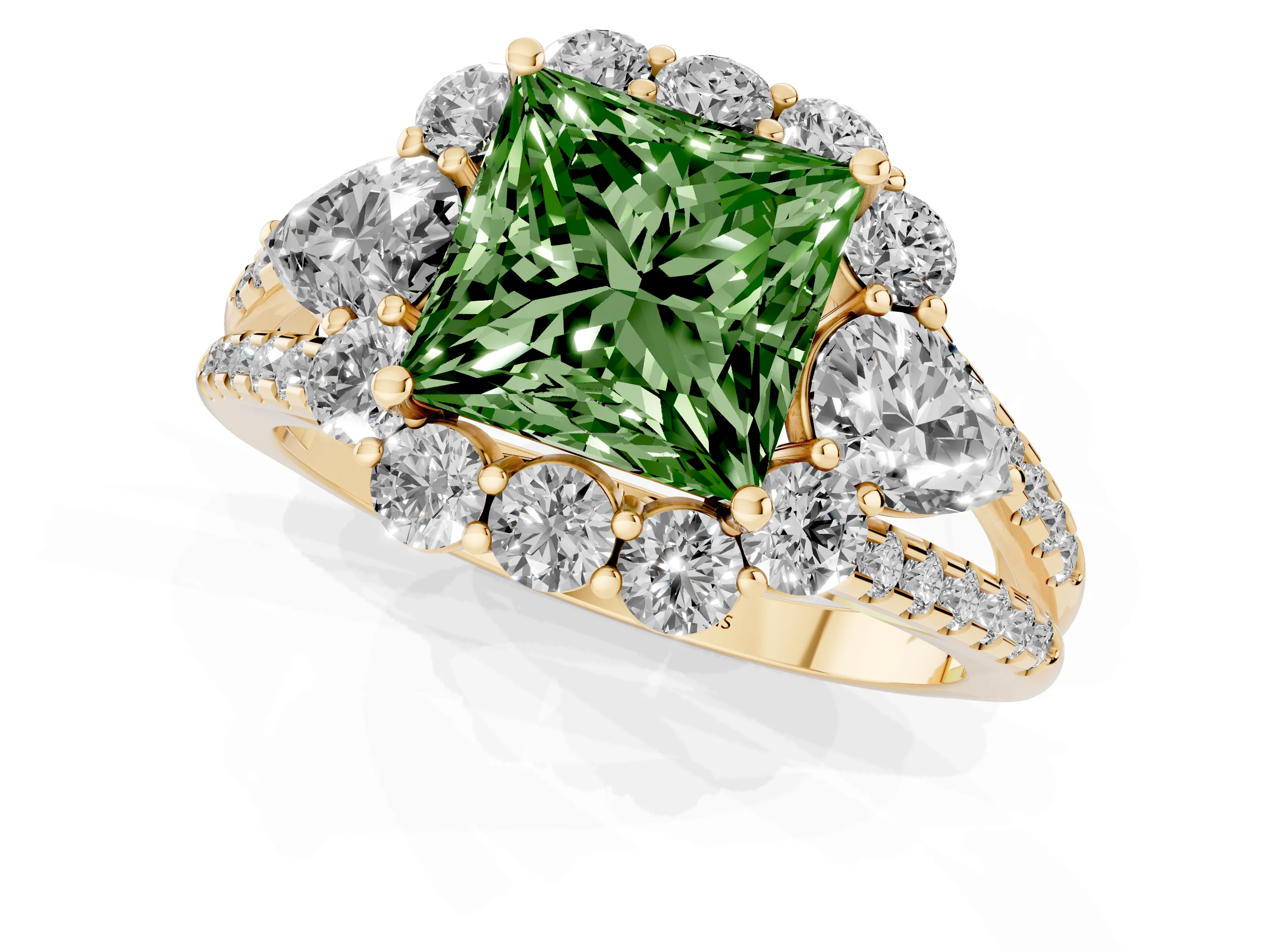 Fancy Green Princess Cut Diamond Halo Split Shank Engagement Ring Set in Yellow gold with Prong-Held Center Stone
