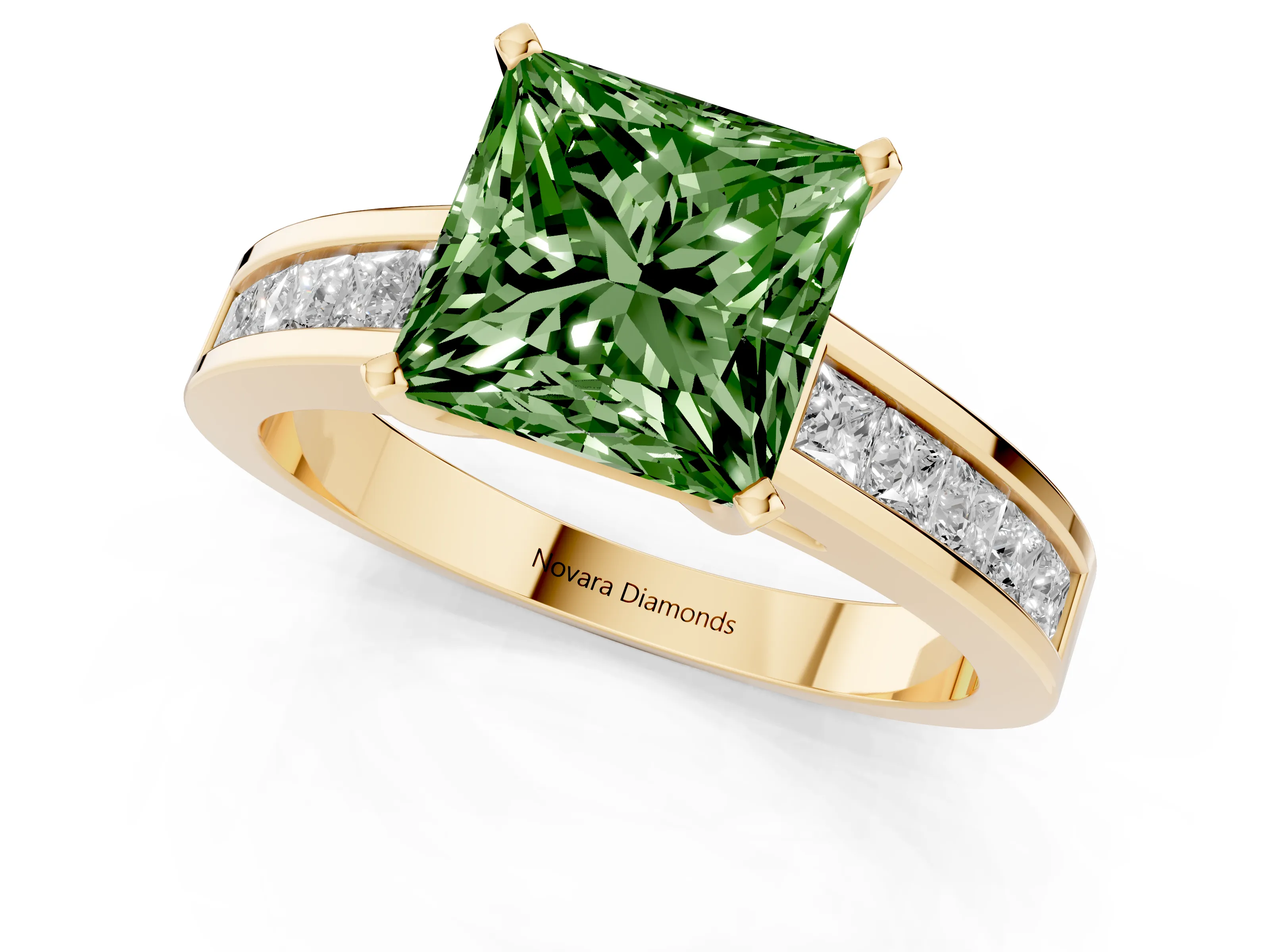 Fancy Green Princess Cut Diamond Solitaire Ring Set in Yellow gold with Channel-Set Band and Prong Setting