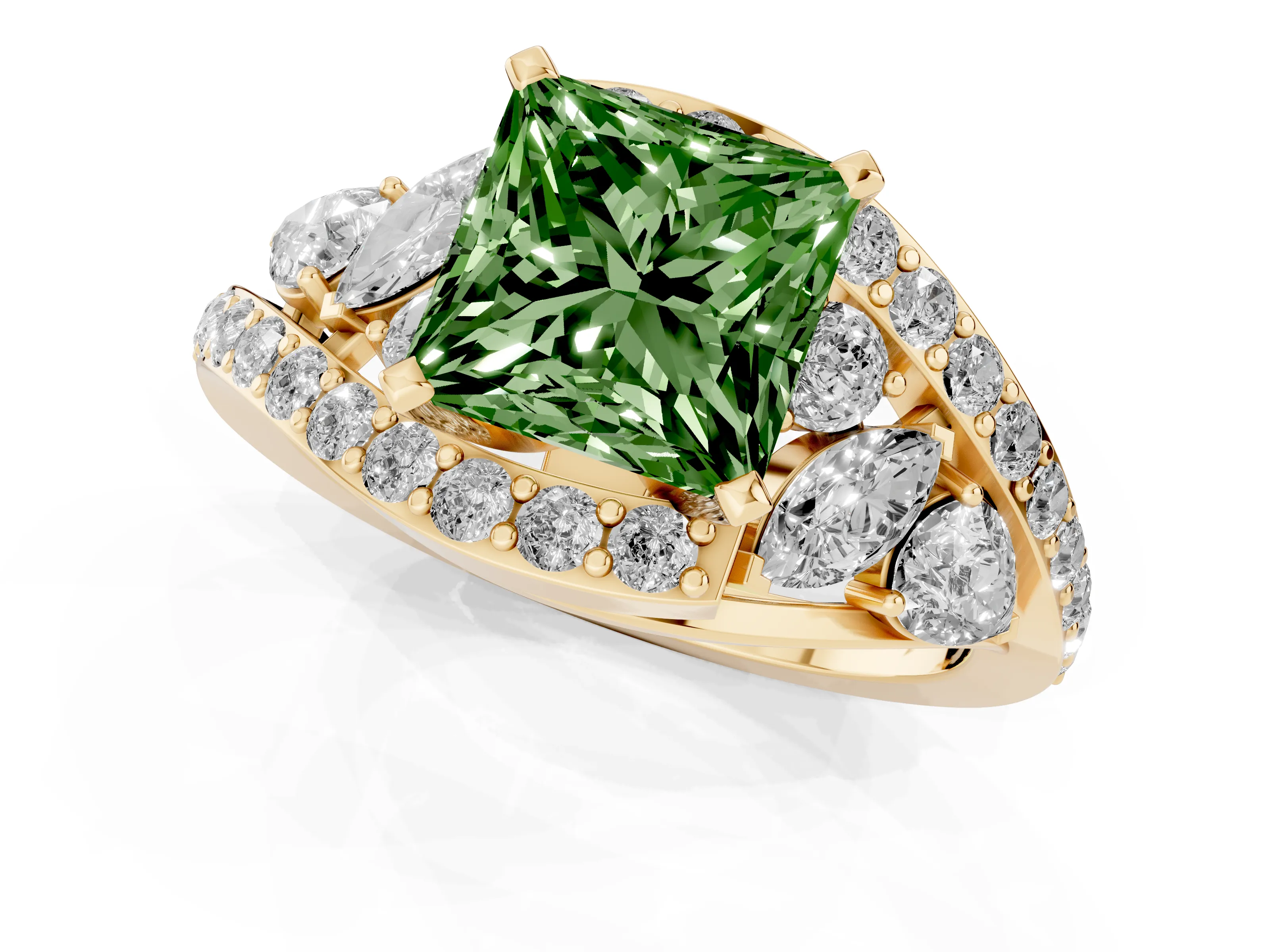 Fancy Green Princess Cut Diamond Halo Ring Set in Yellow gold with Marquise and Pavé Band in Prong Setting
