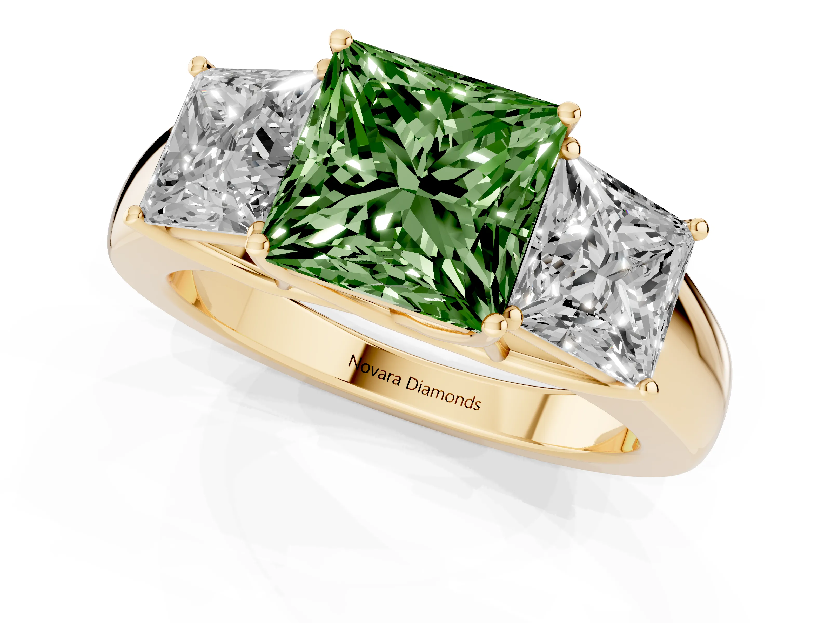 Fancy Green Three-Stone Princess Cut Diamond Ring Set in Yellow gold with Matching Prong Settings and Plain Band