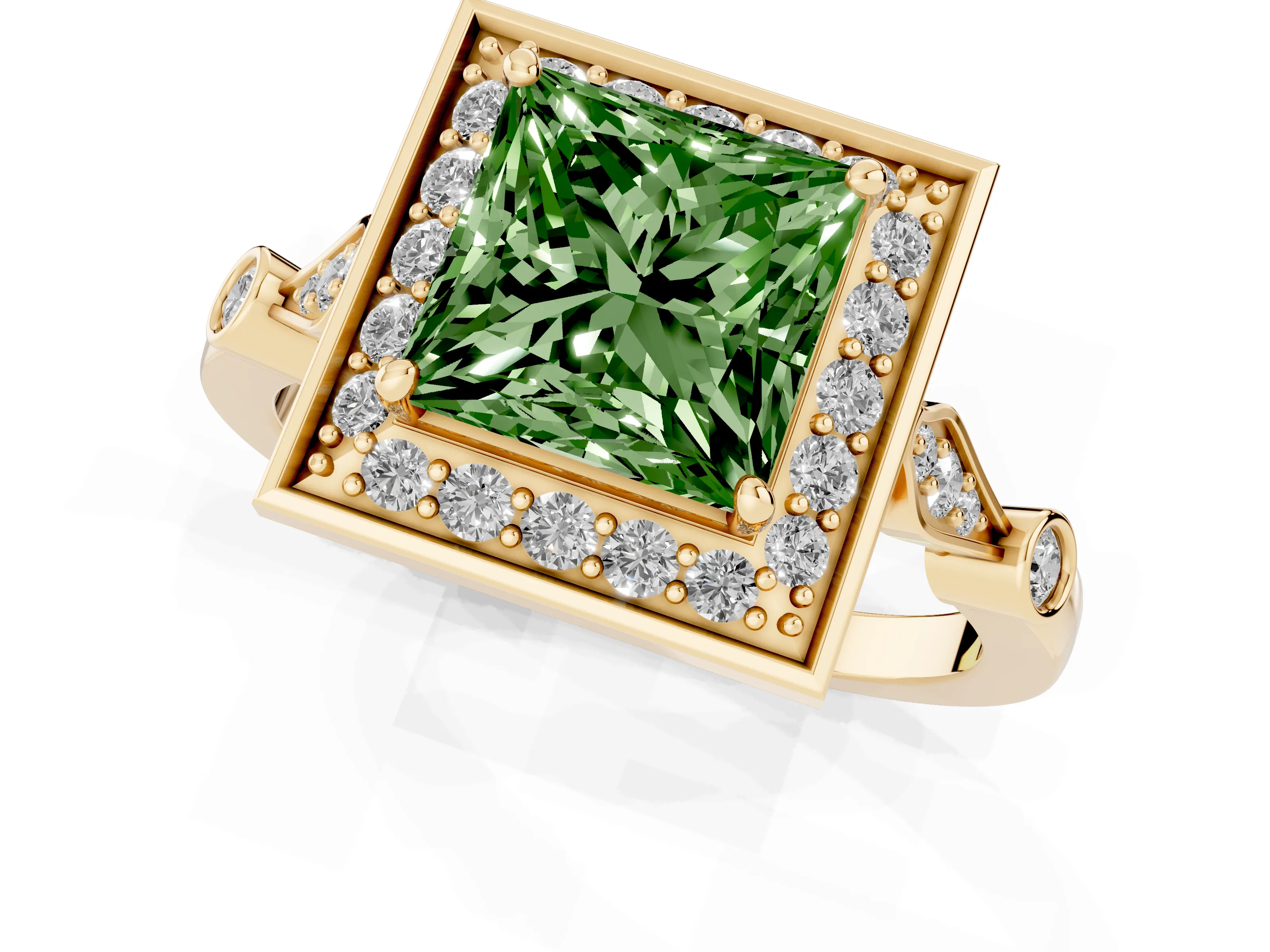 Fancy Green Princess Cut Diamond Halo Engagement Ring Set in Yellow gold with Twisted Band and Prong Setting