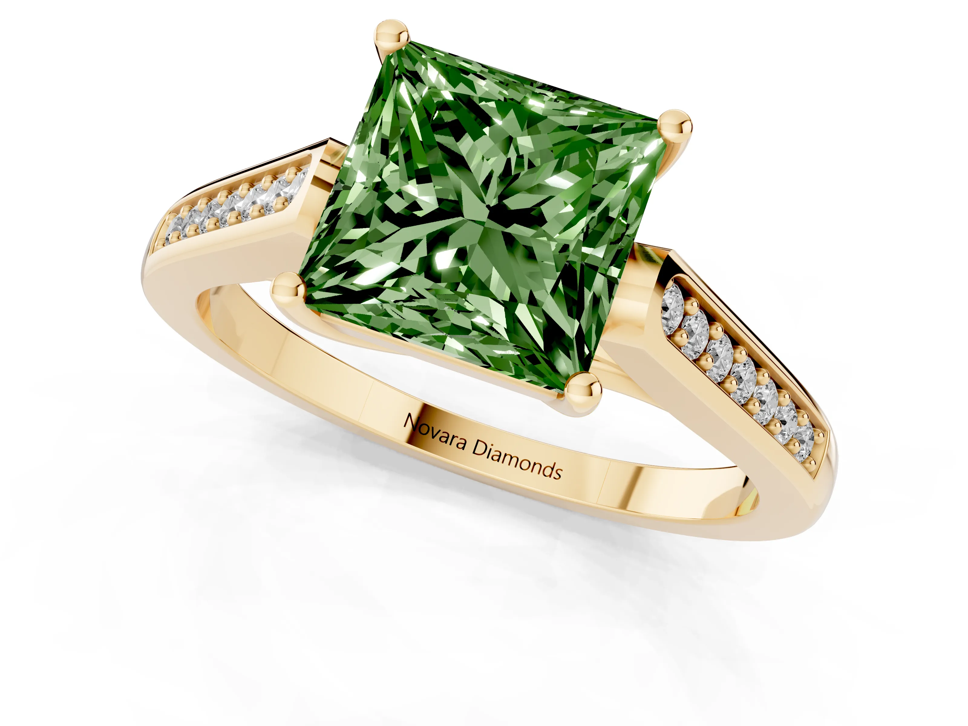 Fancy Green Princess Cut Diamond Solitaire Cathedral Engagement Ring Set in Yellow gold with Channel-Set Band and Prong Setting