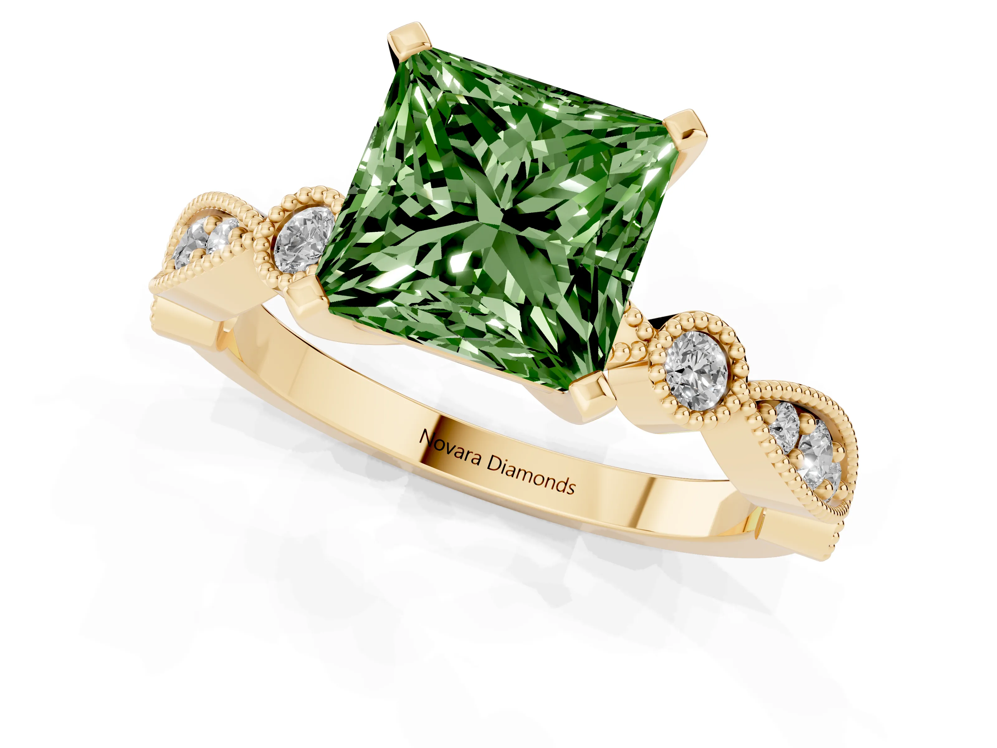 Fancy Green Princess Cut Diamond Solitaire Engagement Ring Set in Yellow gold with Milgrain Bezel Accent Band