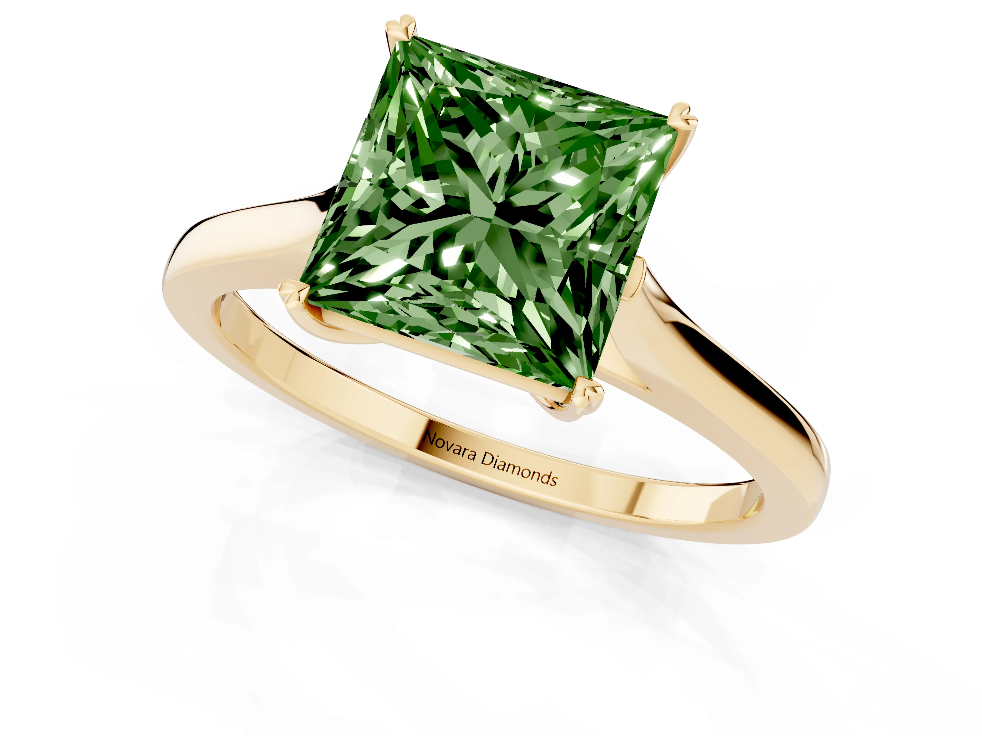 Fancy Green Princess Cut Diamond Solitaire Heart Prong Engagement Ring Set in Yellow gold with Tapered Band