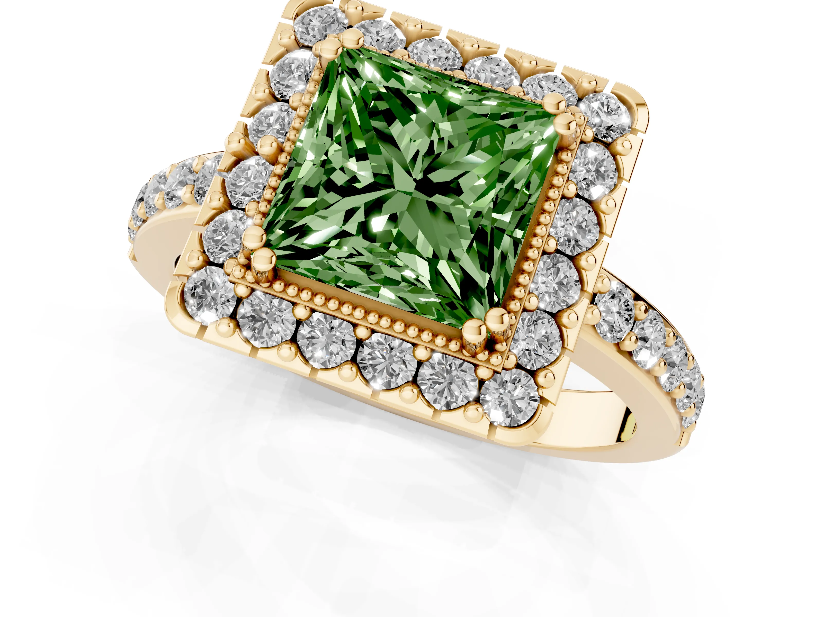 Fancy Green Princess Cut Diamond Halo Ring Set in Yellow gold with Pavé Shank and Prong Setting