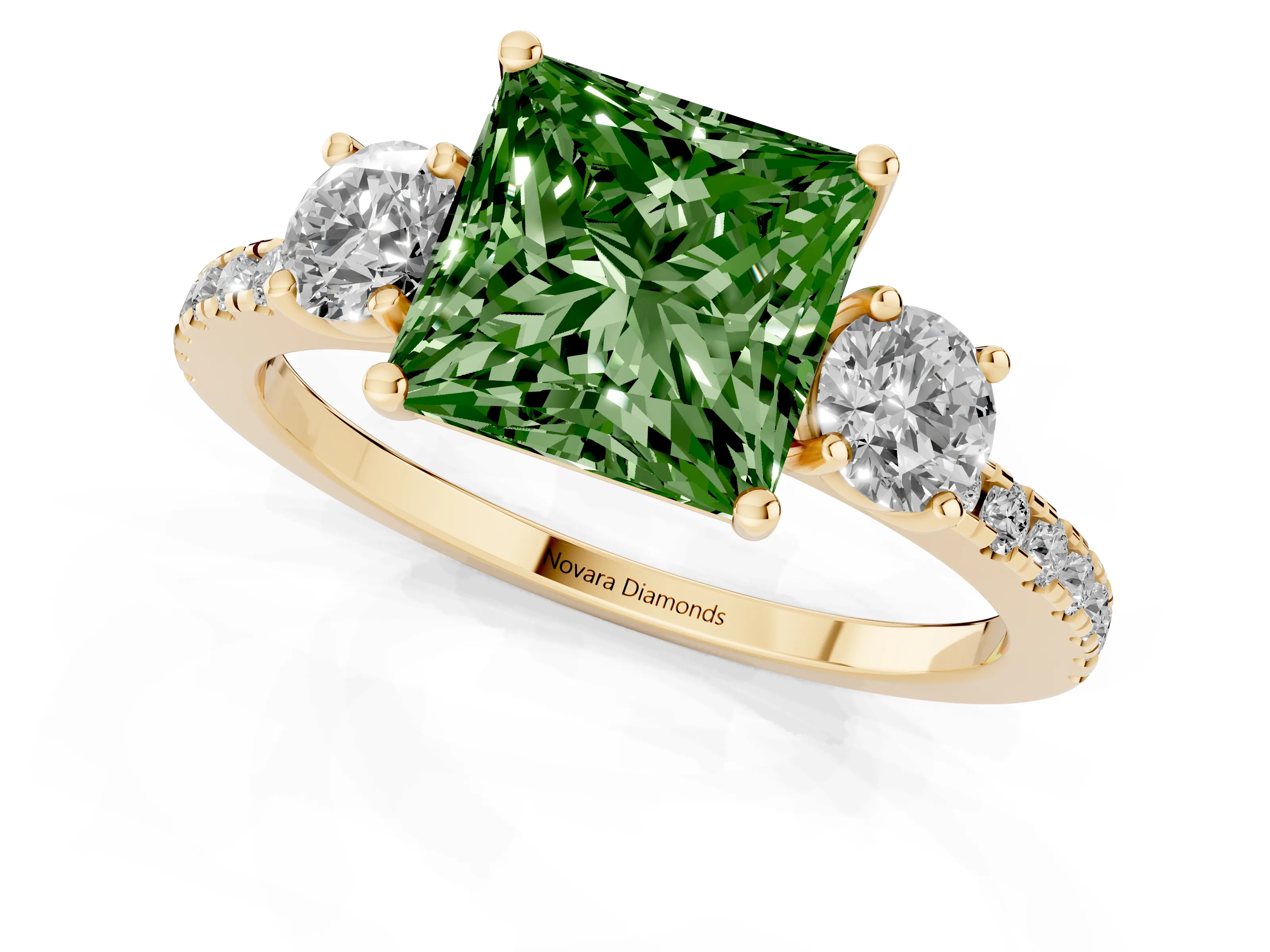 Fancy Green Princess Cut Diamond Three-Stone Ring Set in Yellow gold with Pavé Band and Graduated Sides