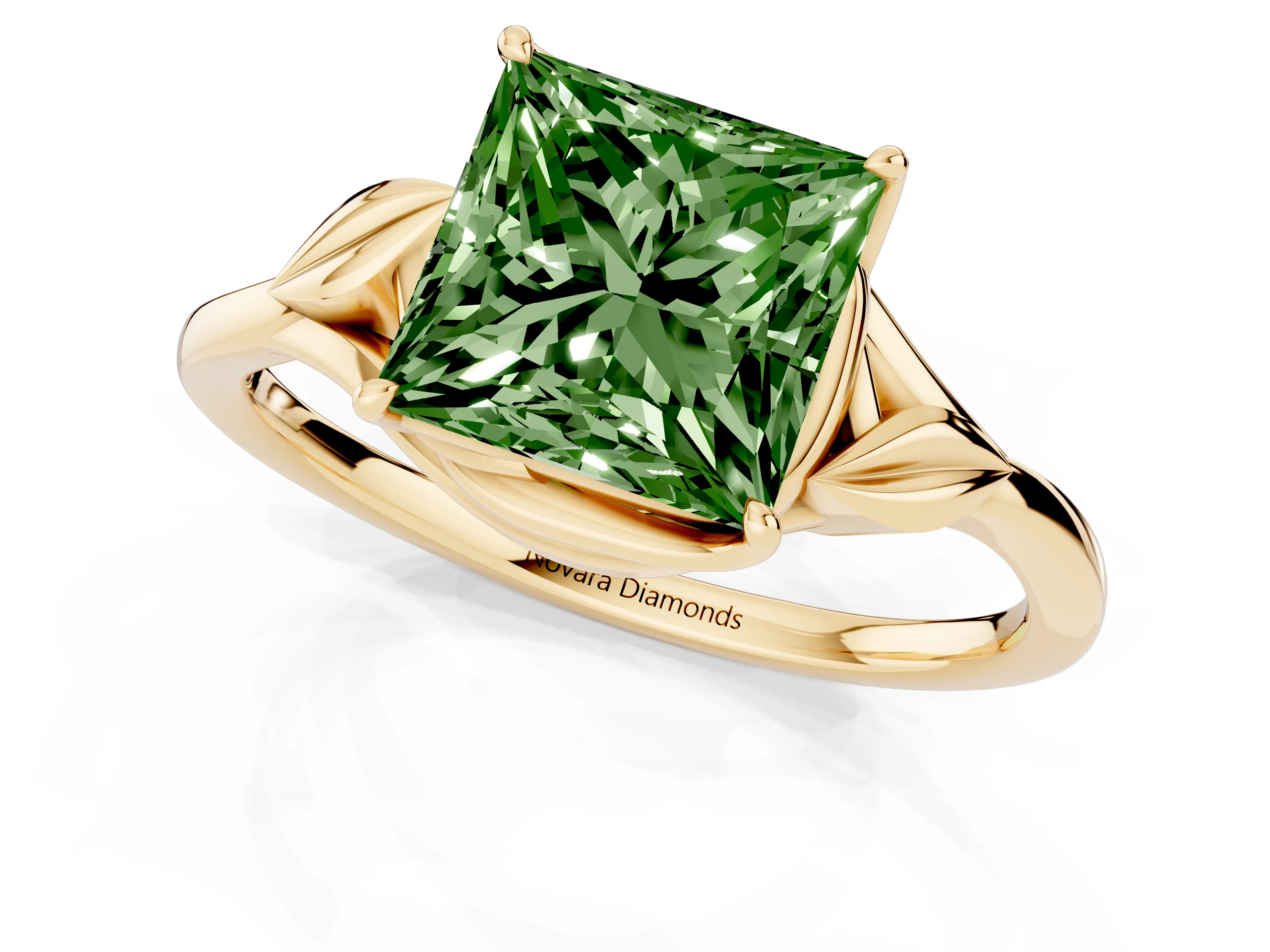 Fancy Green Princess Cut Diamond Solitaire Ring Set in Yellow gold with Polished Twist Band