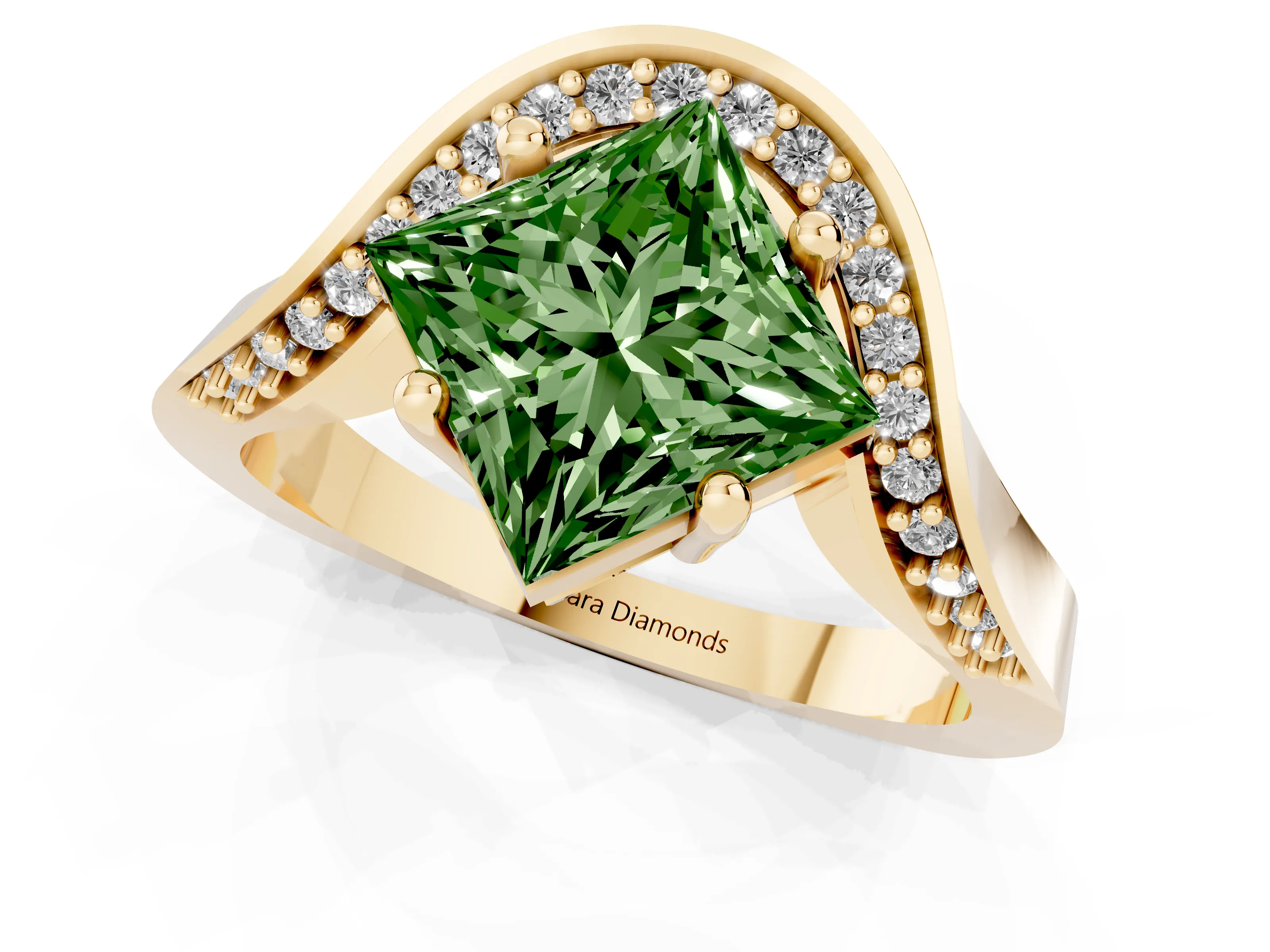 Fancy Green Princess Cut Diamond Solitaire Engagement Ring Set in Yellow gold with Pavé Shoulders