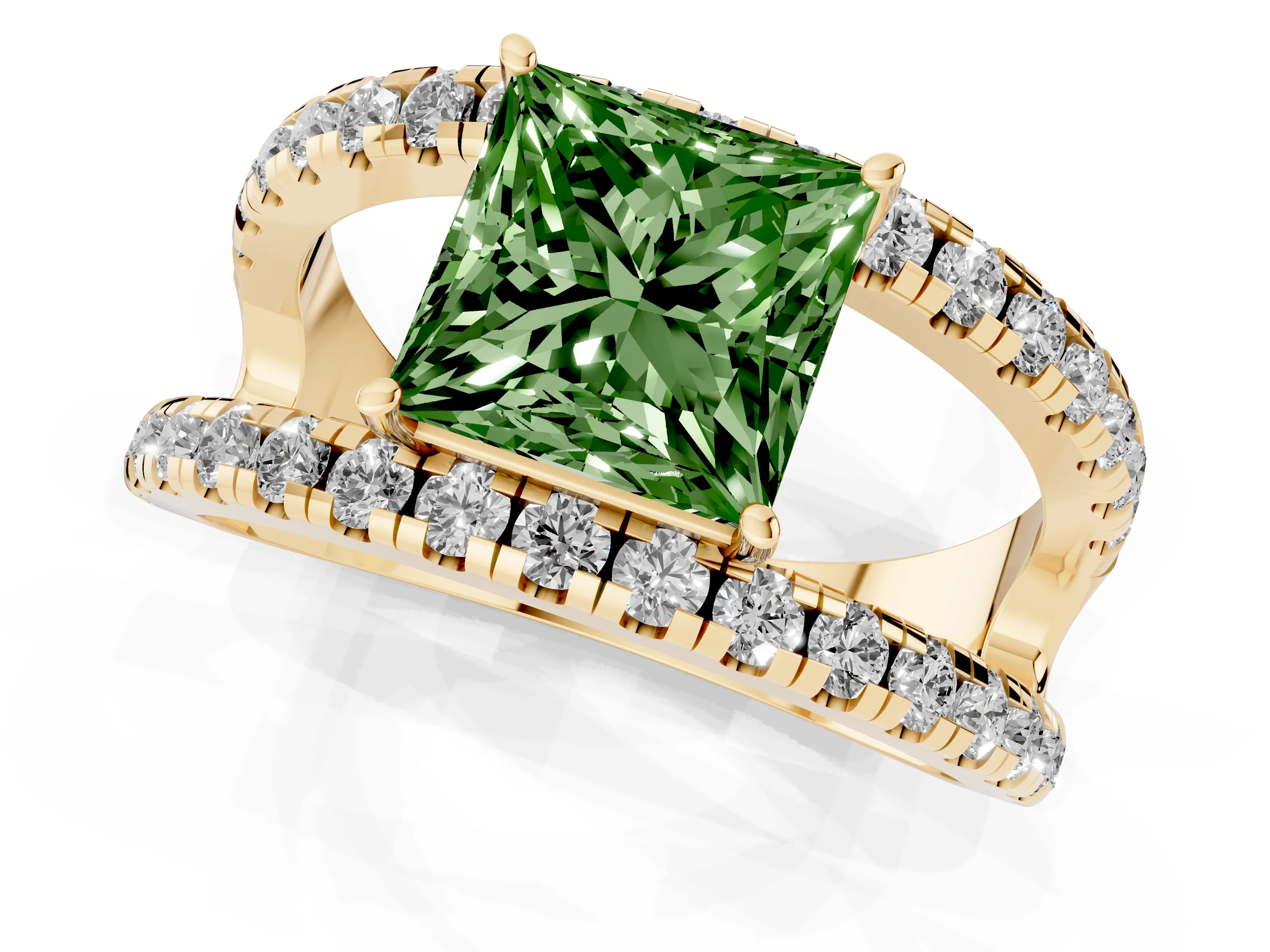 Fancy Green Princess Cut Diamond Split Shank Pavé Solitaire Ring Set in Yellow gold with Open Shank Design