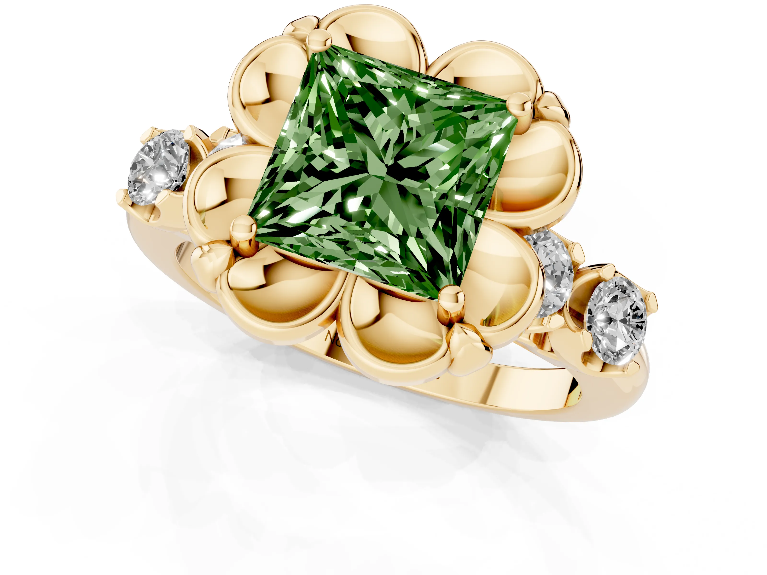 Fancy Green Princess Cut Diamond Floral Halo Ring Set in Yellow gold with Shared Prong Band