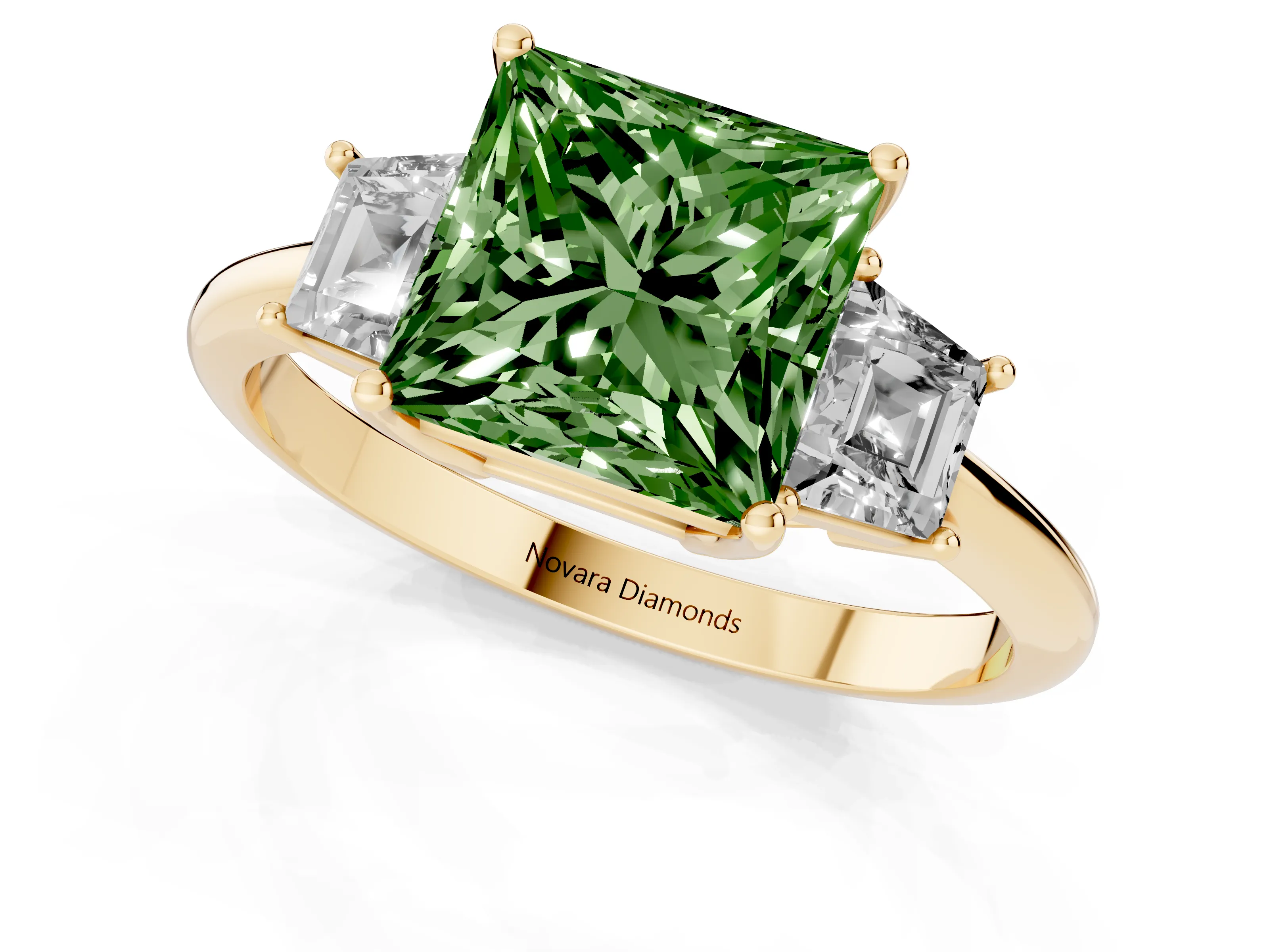 Fancy Green Princess Cut Diamond Three-Stone Ring Set in Yellow gold with Trapezoid Side Stones and Prong Setting
