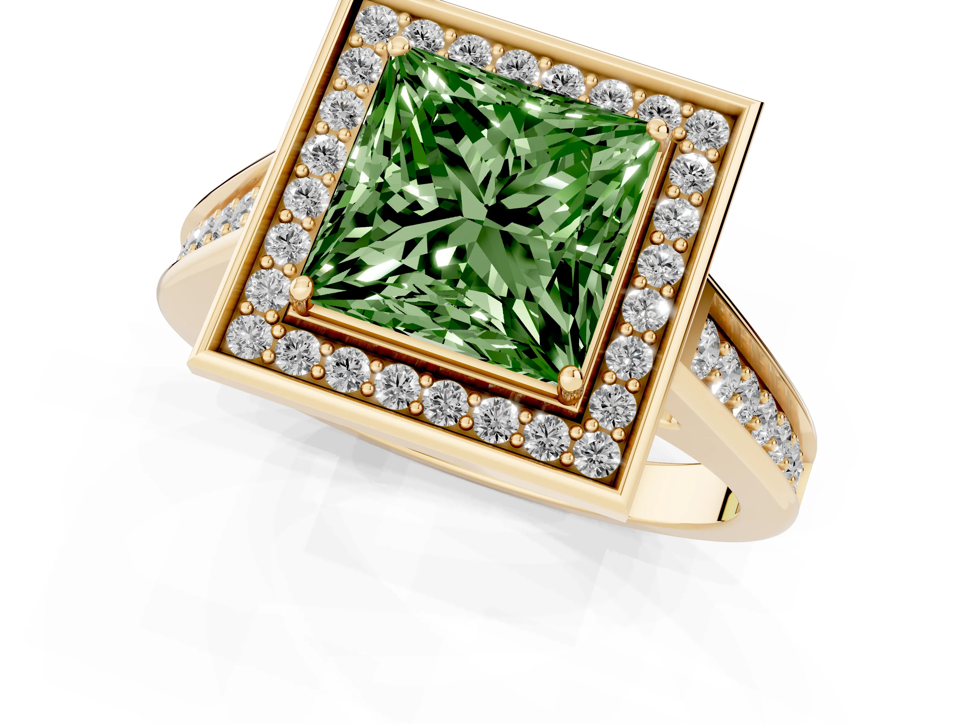Fancy Green Princess Cut Diamond Halo Solitaire Ring Set in Yellow gold with Pavé Band and Bezel Setting
